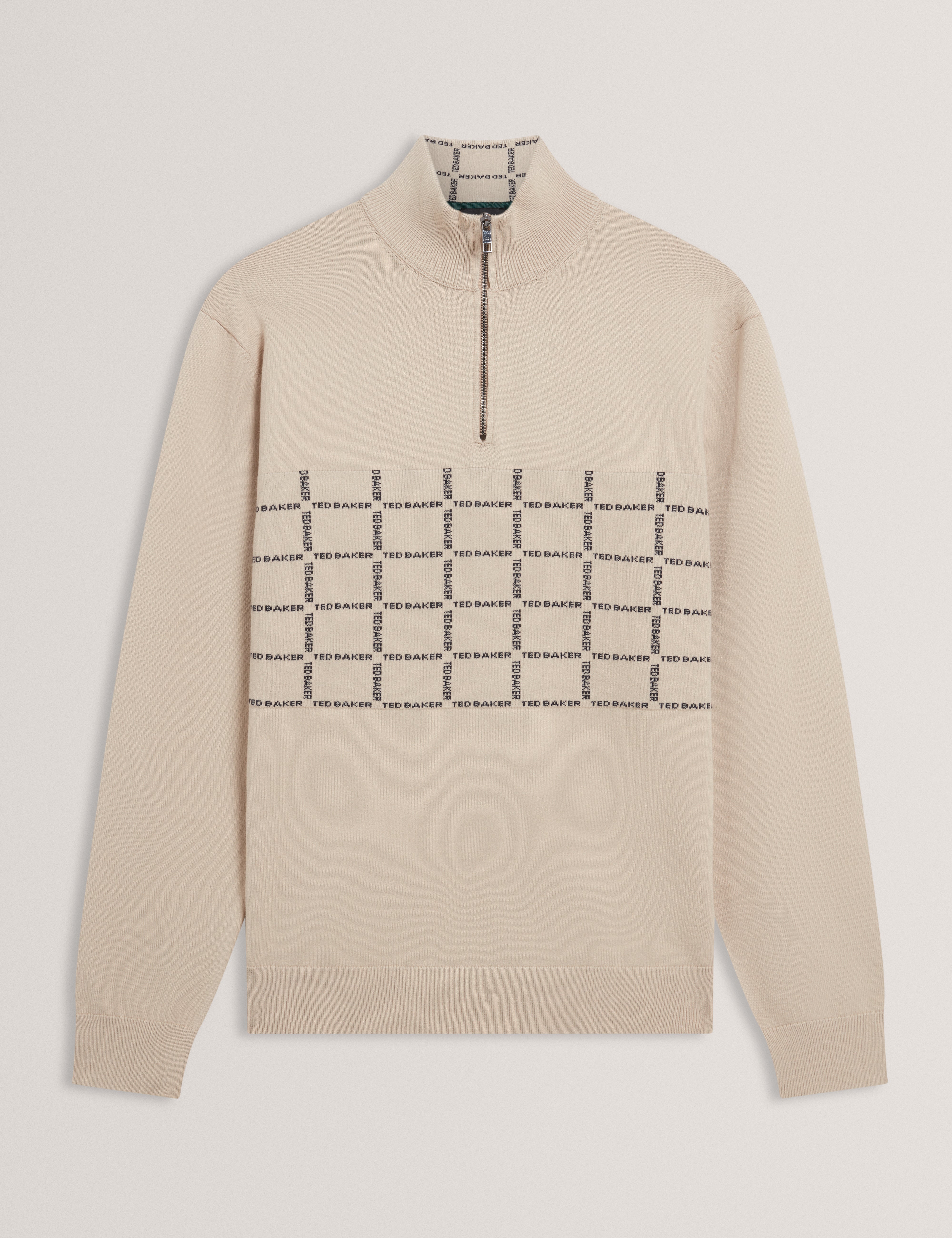 Robinsn Long Sleeve Branded Check Half Zip Shirt Taupe