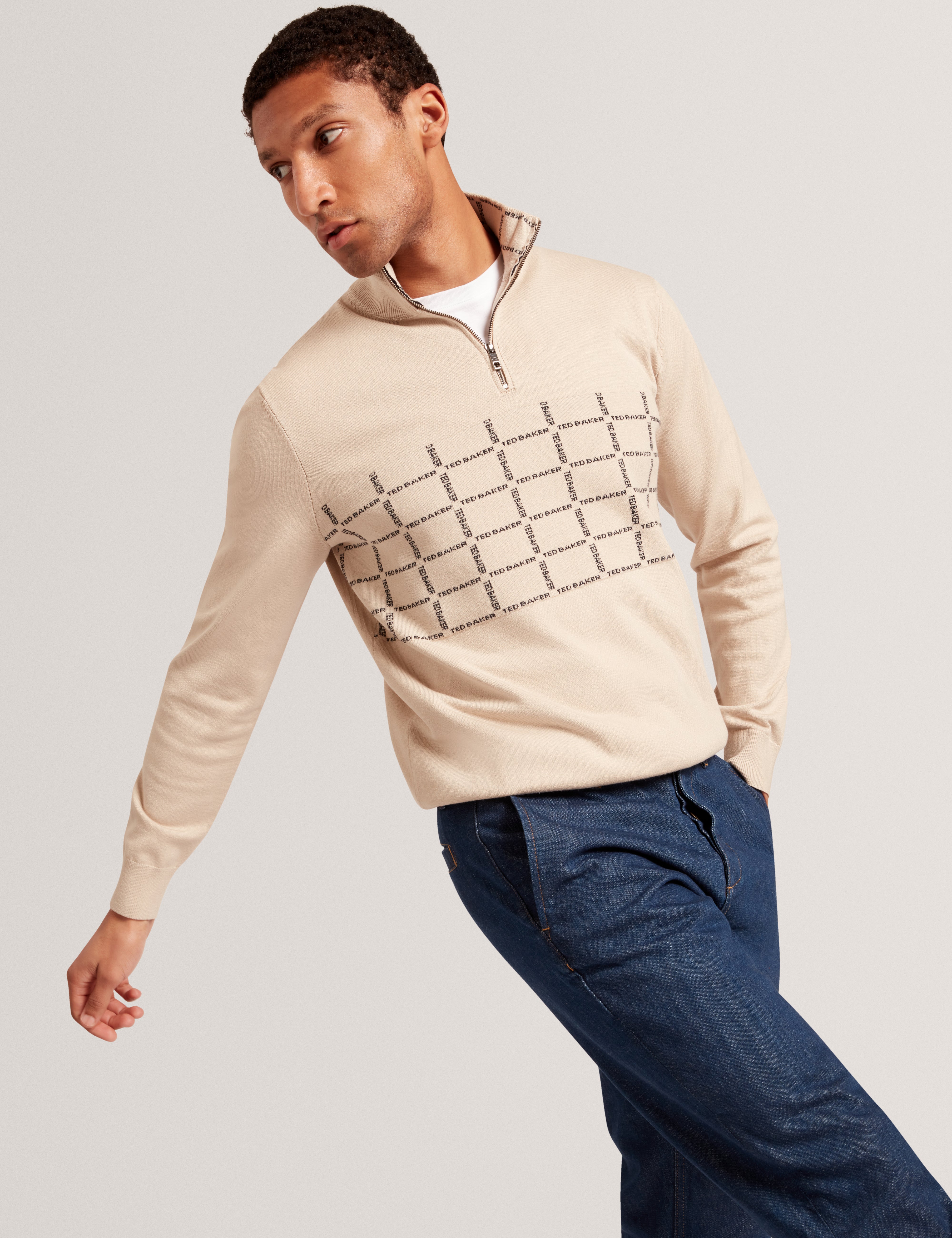 Robinsn Long Sleeve Branded Check Half Zip Shirt Taupe
