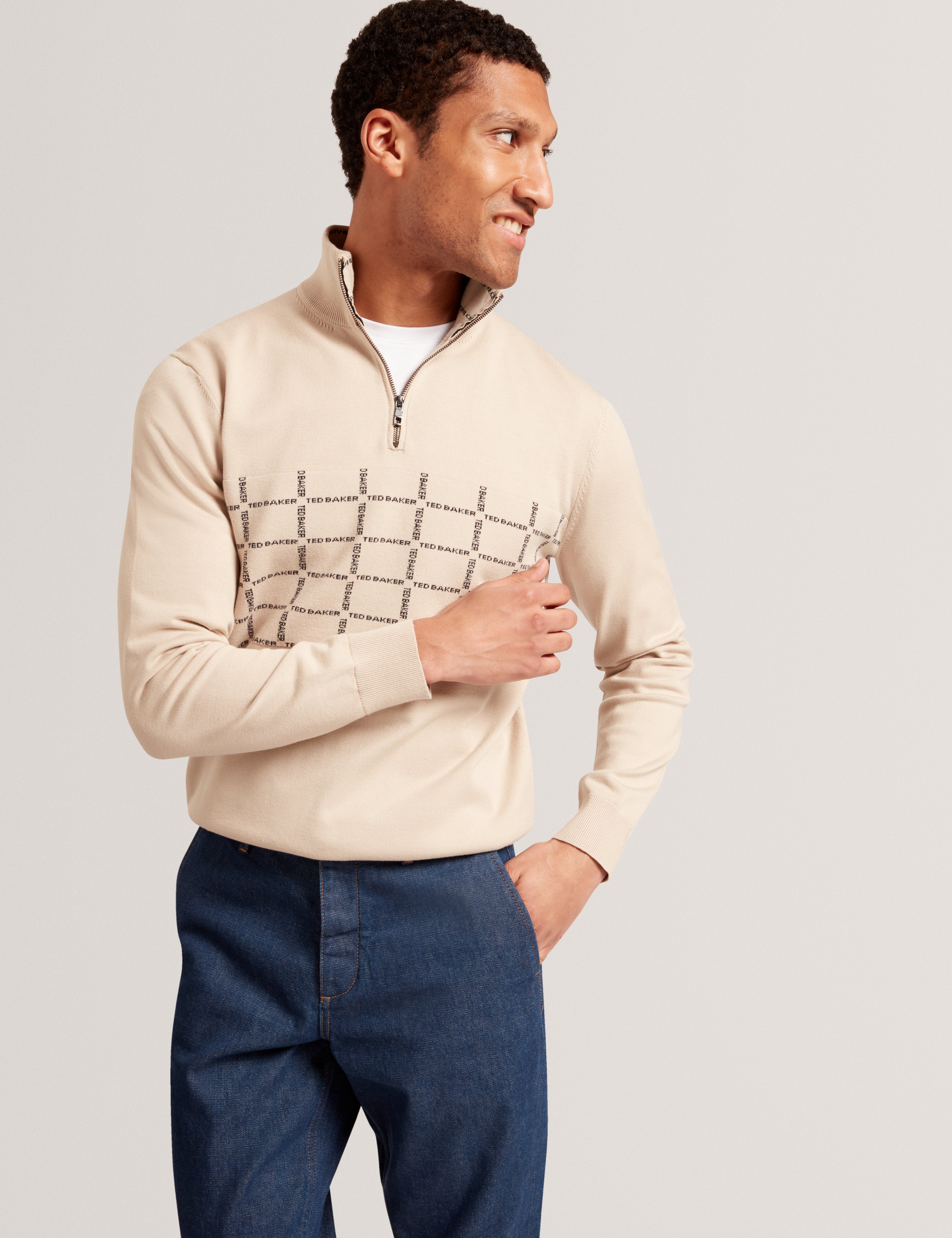 Robinsn Long Sleeve Branded Check Half Zip Shirt Taupe