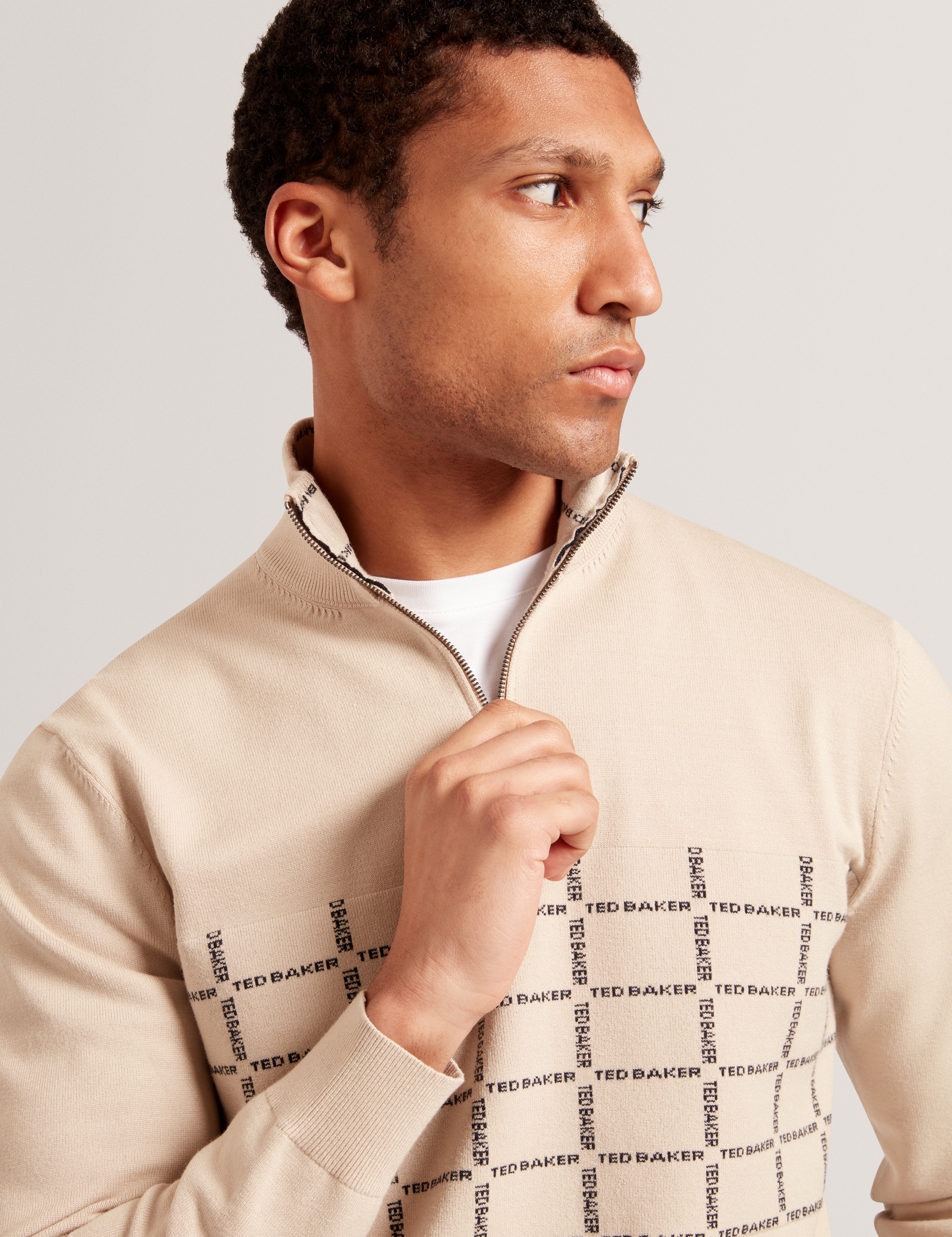 Robinsn Long Sleeve Branded Check Half Zip Shirt Taupe