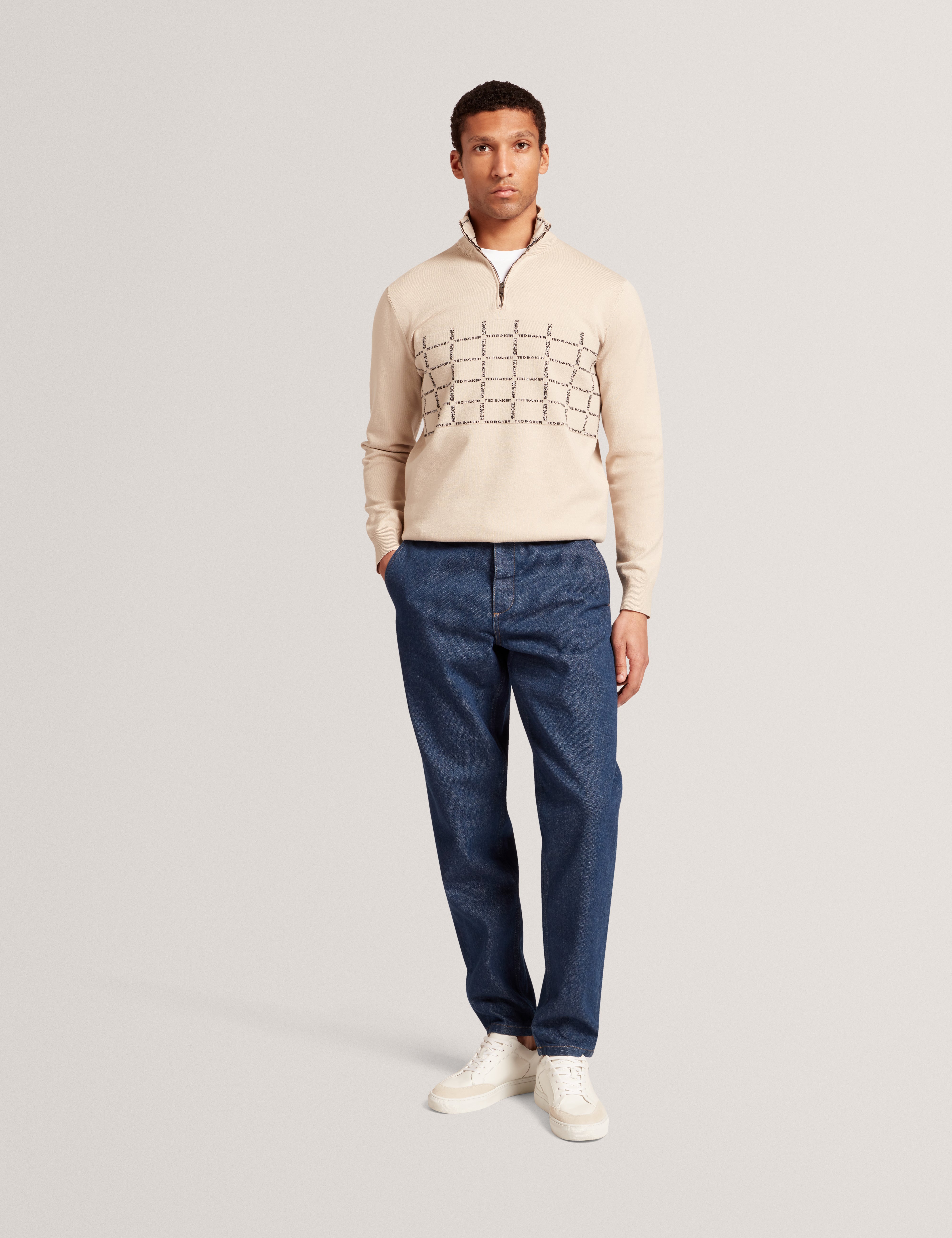 Robinsn Long Sleeve Branded Check Half Zip Shirt Taupe