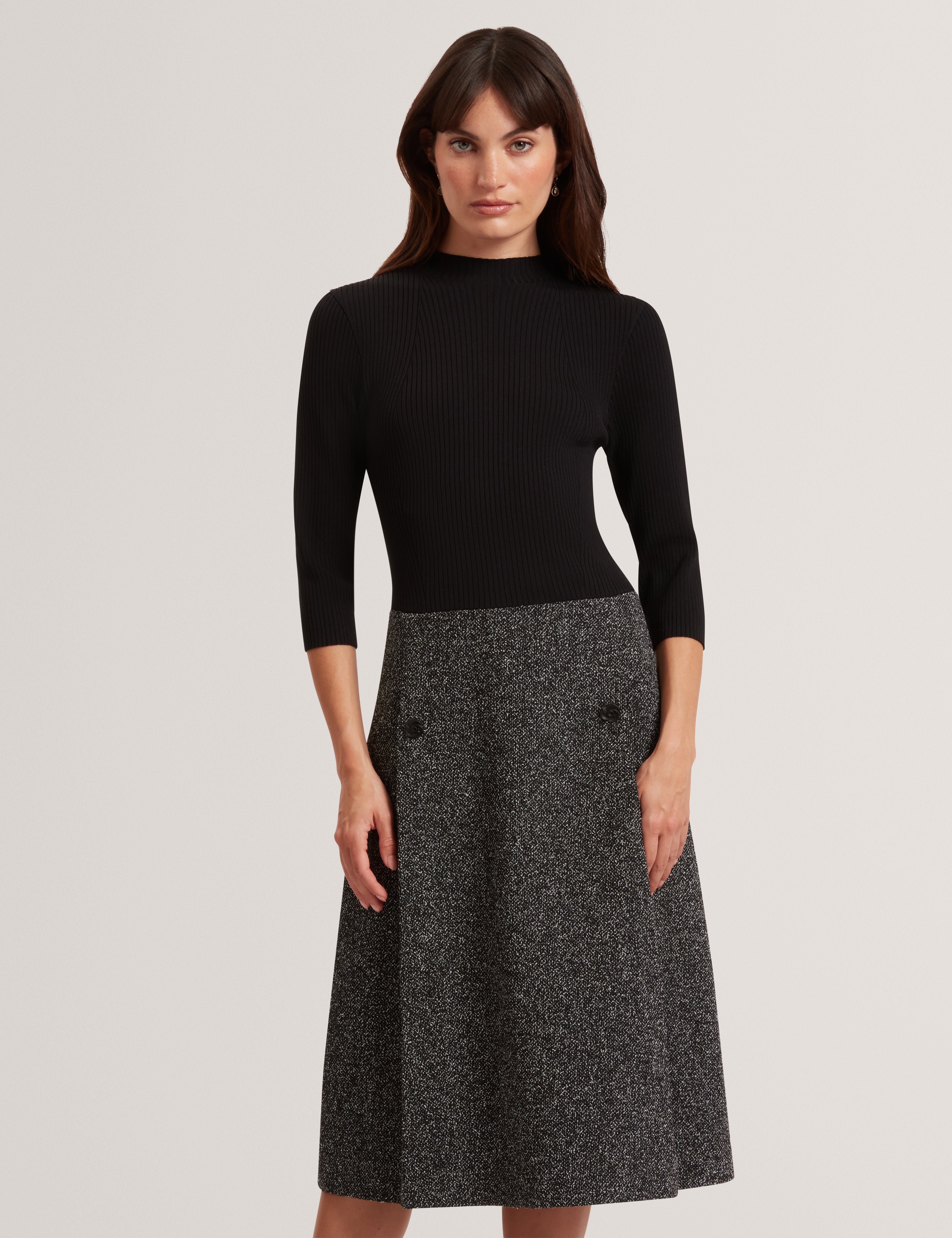 Ekaad Tailored Boucle Dress With Knitted Top Black