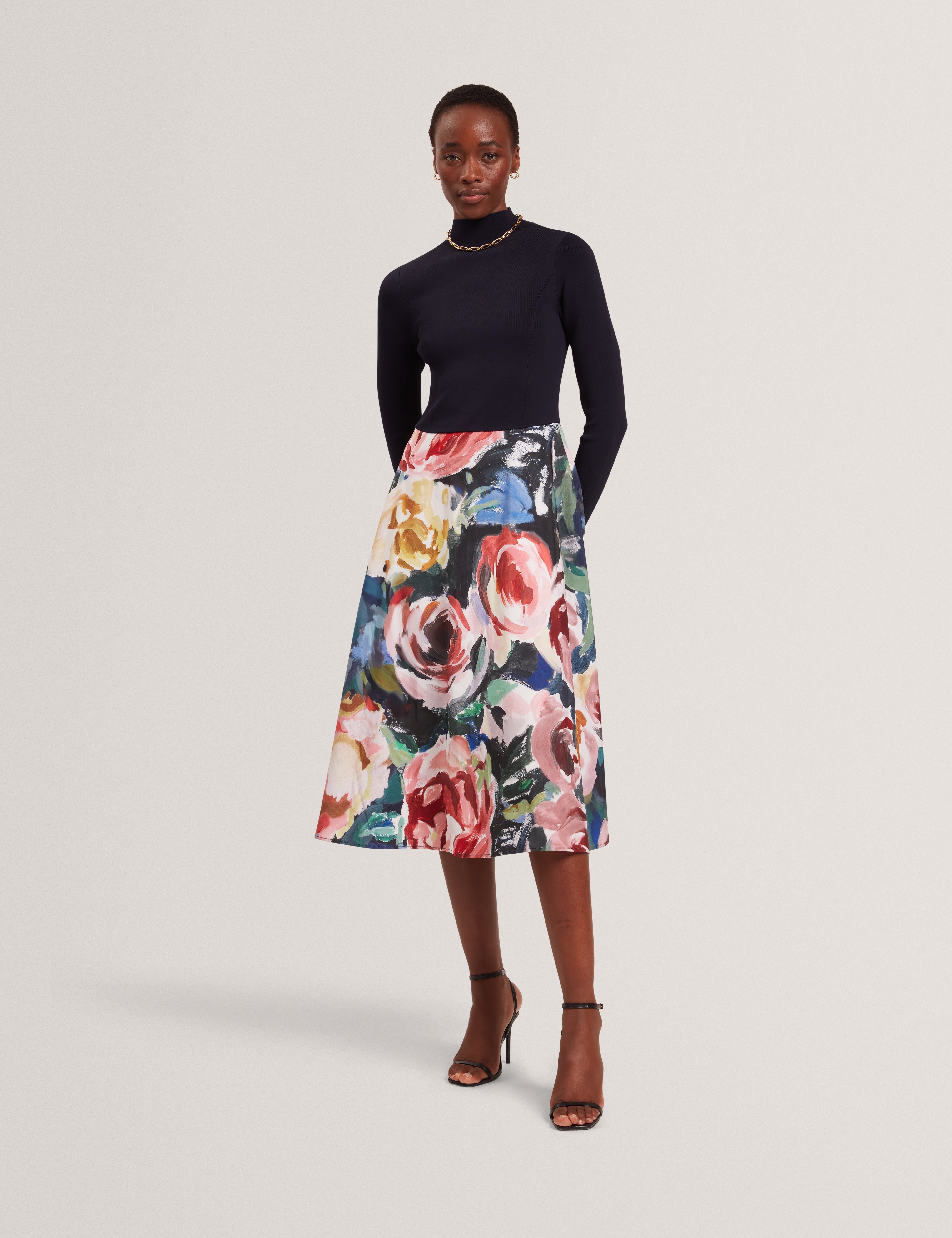 Patriia Midi Dress With Printed Ottoman Skirt Navy