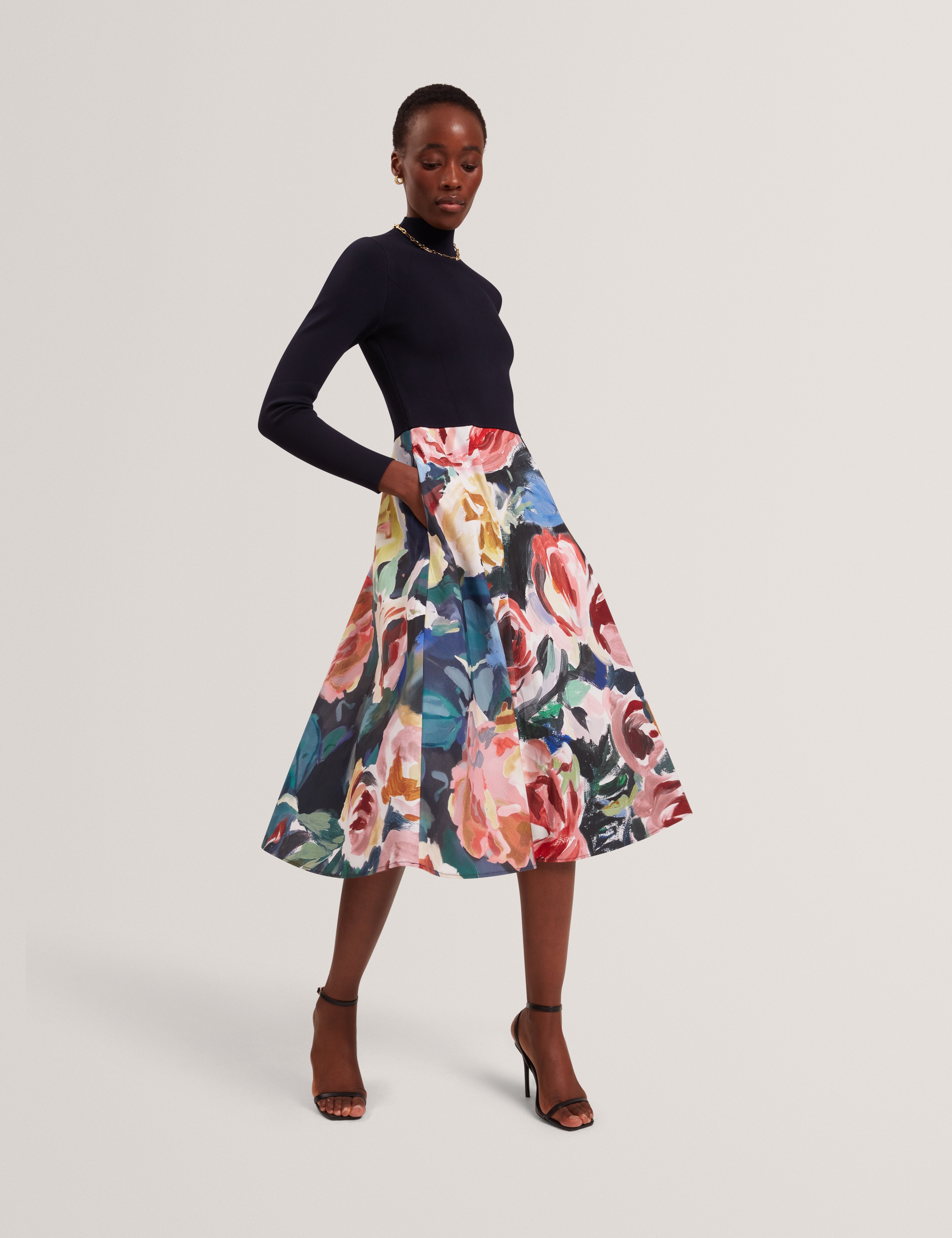 Patriia Midi Dress With Printed Ottoman Skirt Navy