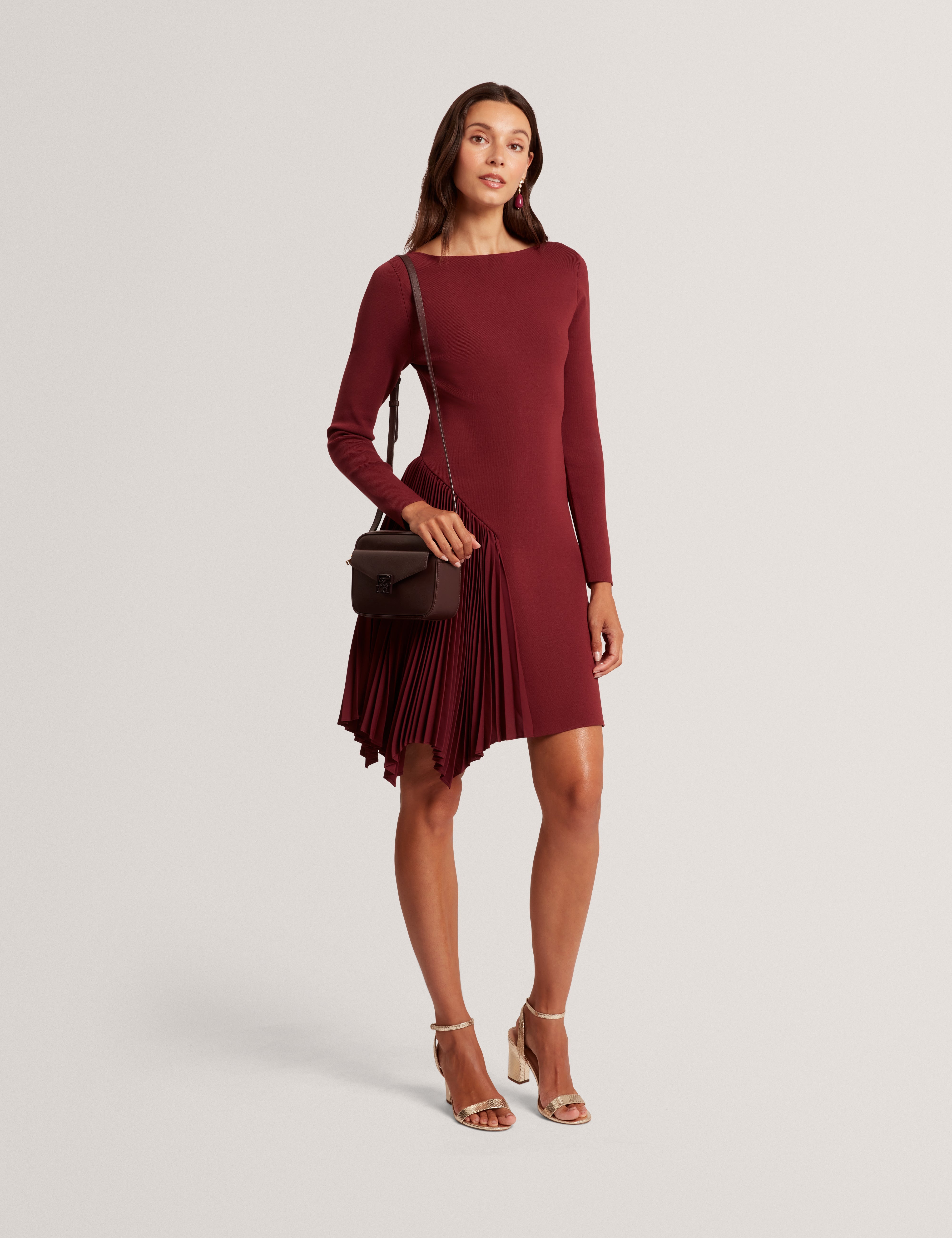 Nalree Long Sleeve Knit Mini Dress With Pleat P Maroon