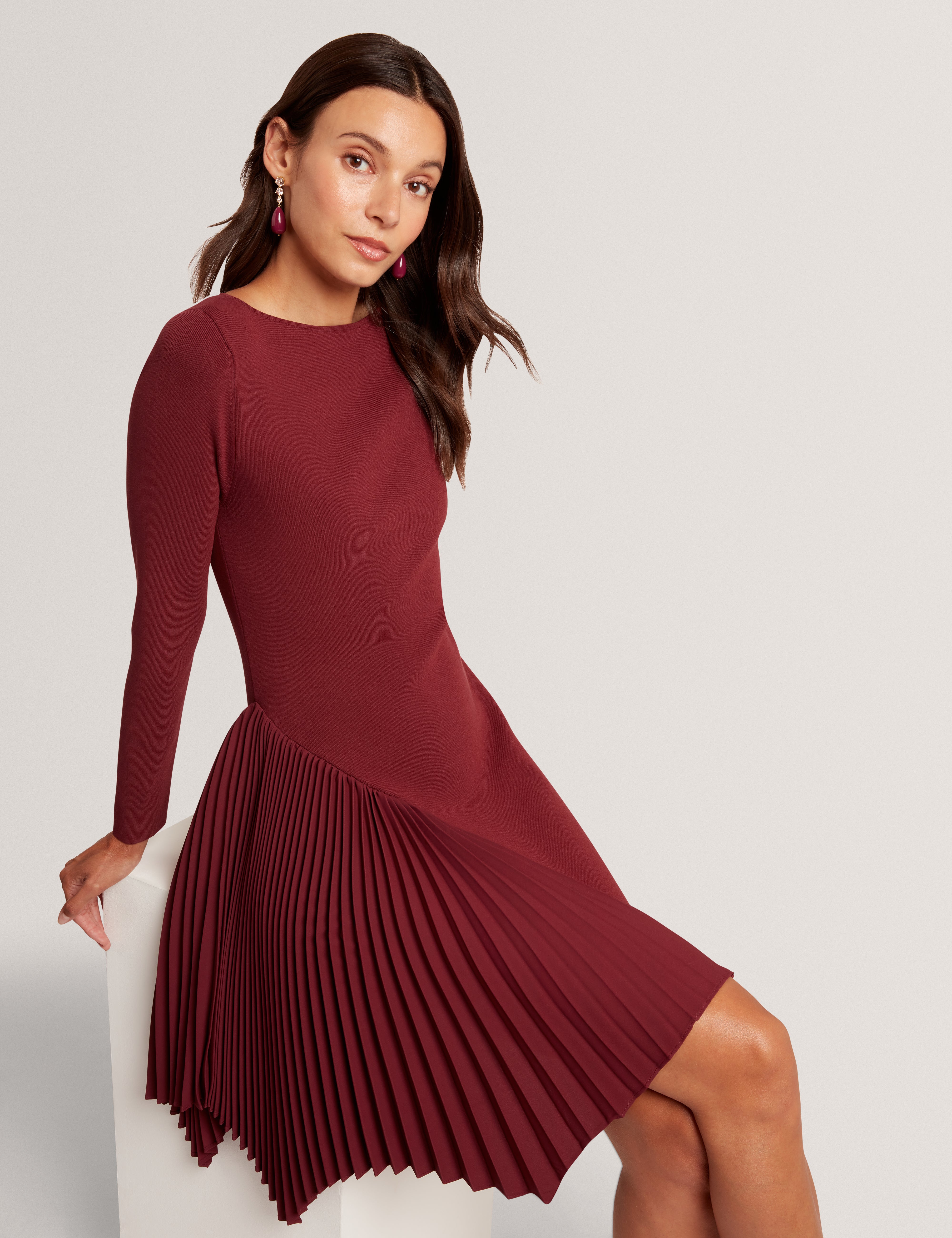 Nalree Long Sleeve Knit Mini Dress With Pleat P Maroon