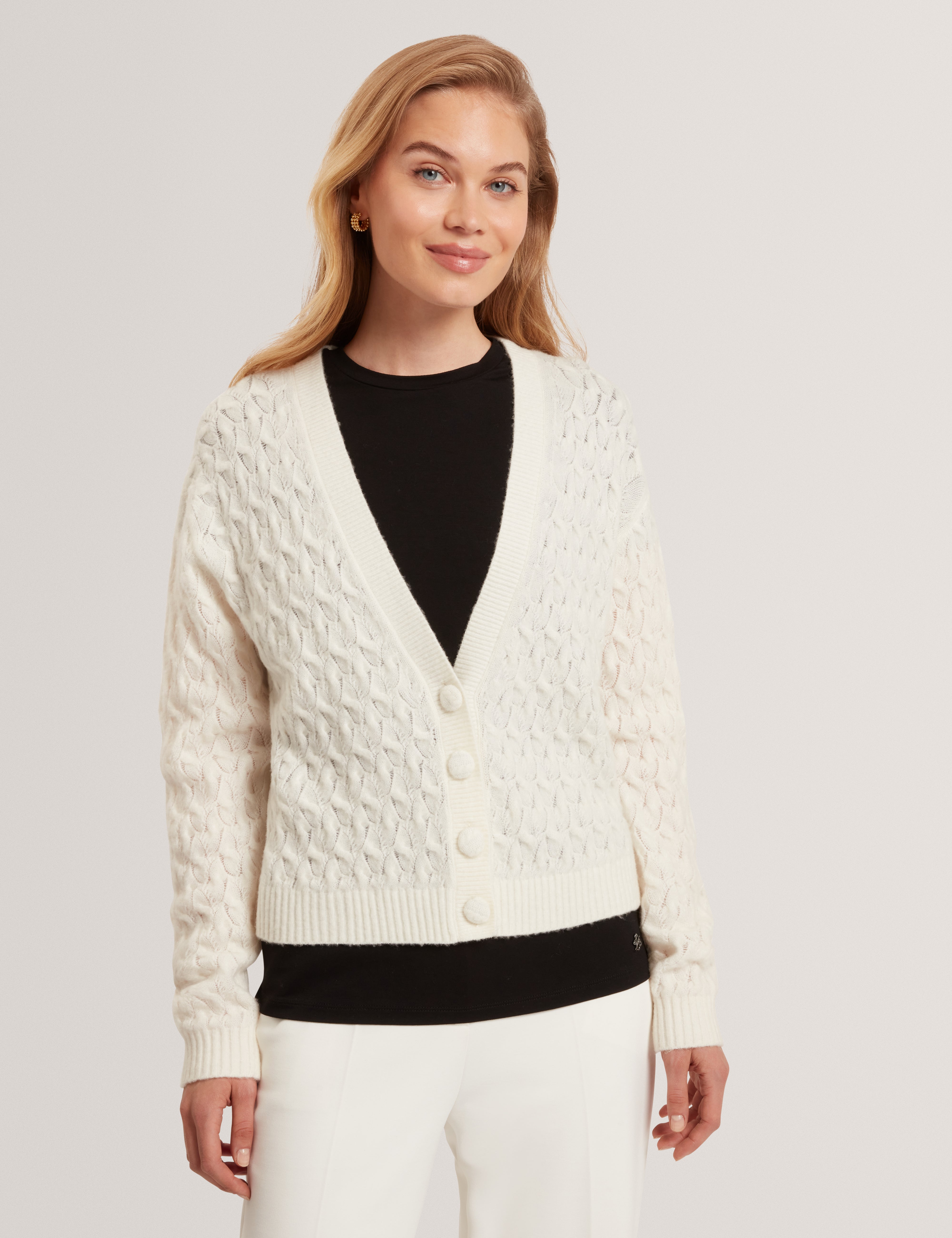 Kylana Cable Knit V Neck Cardigan Ivory