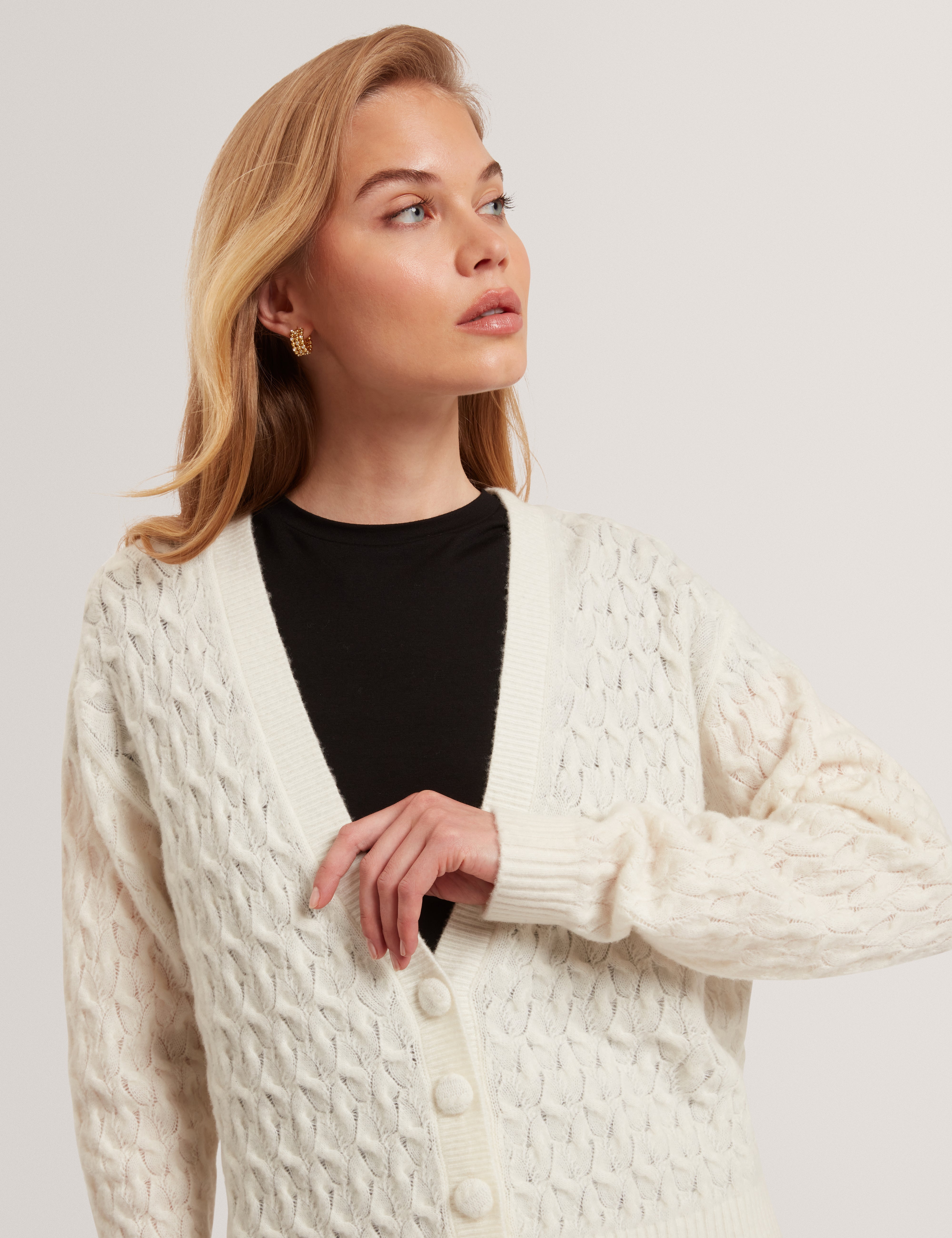 Kylana Cable Knit V Neck Cardigan Ivory