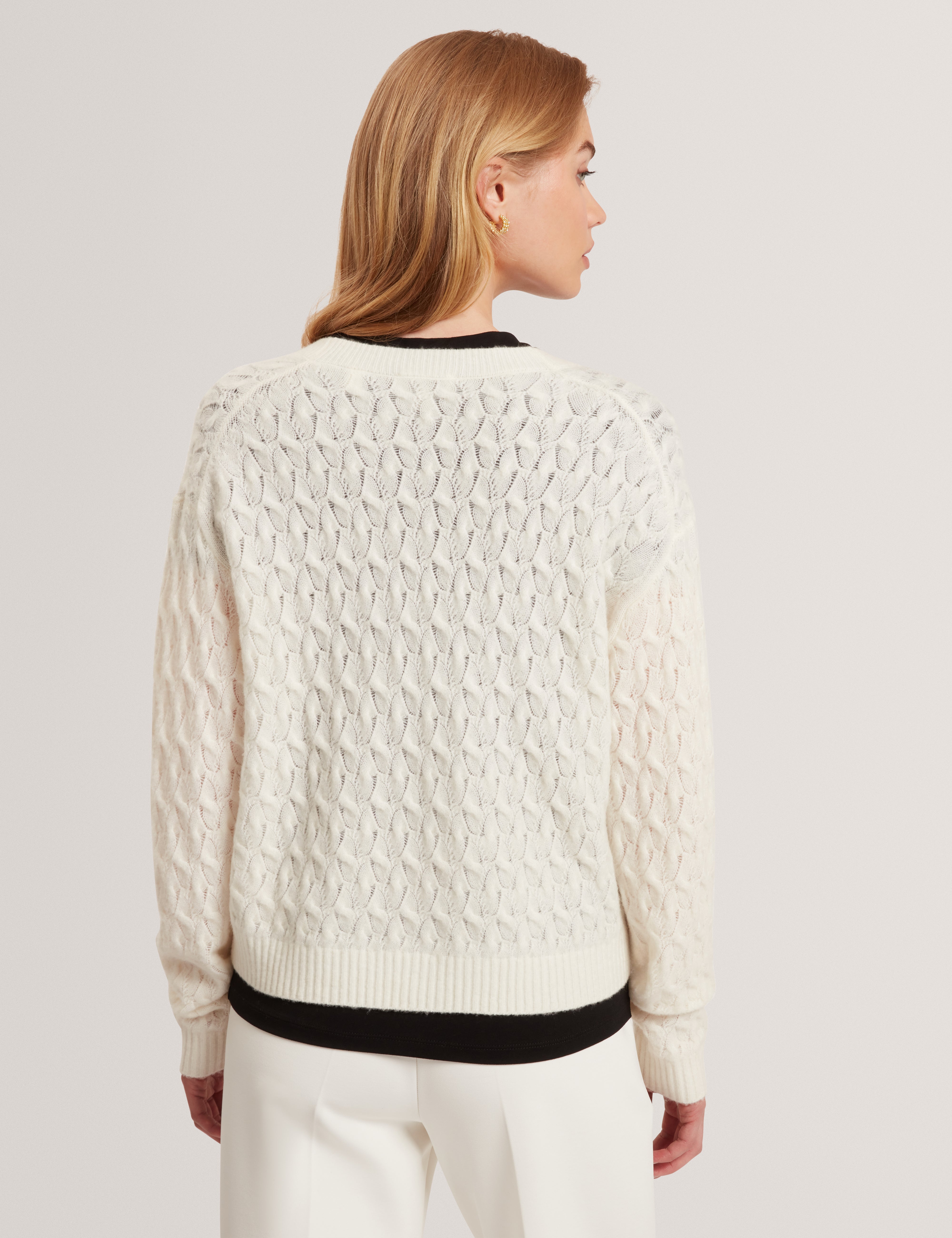 Kylana Cable Knit V Neck Cardigan Ivory