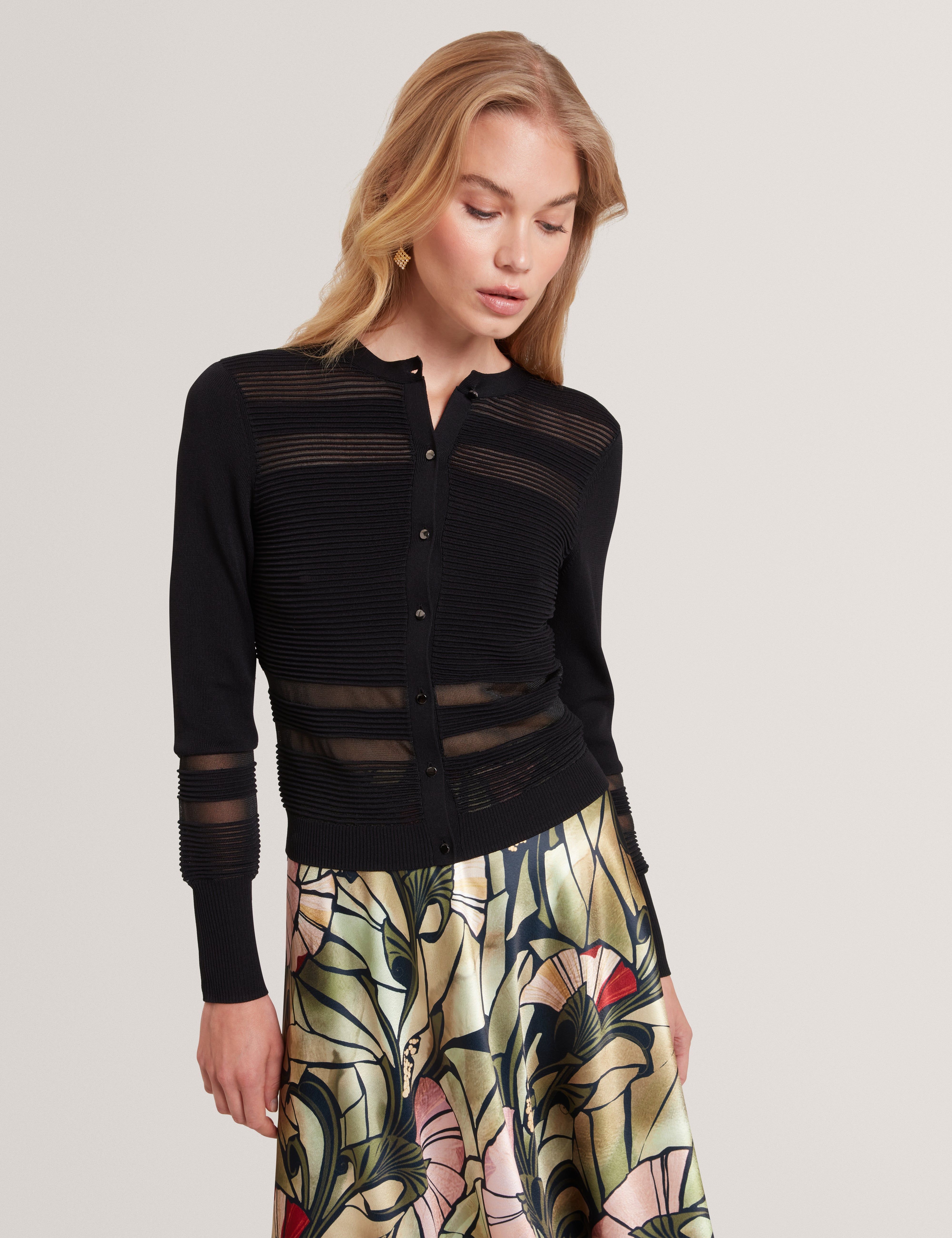 Calyaa Knit Cardigan With Invisible Yarn Panels Black