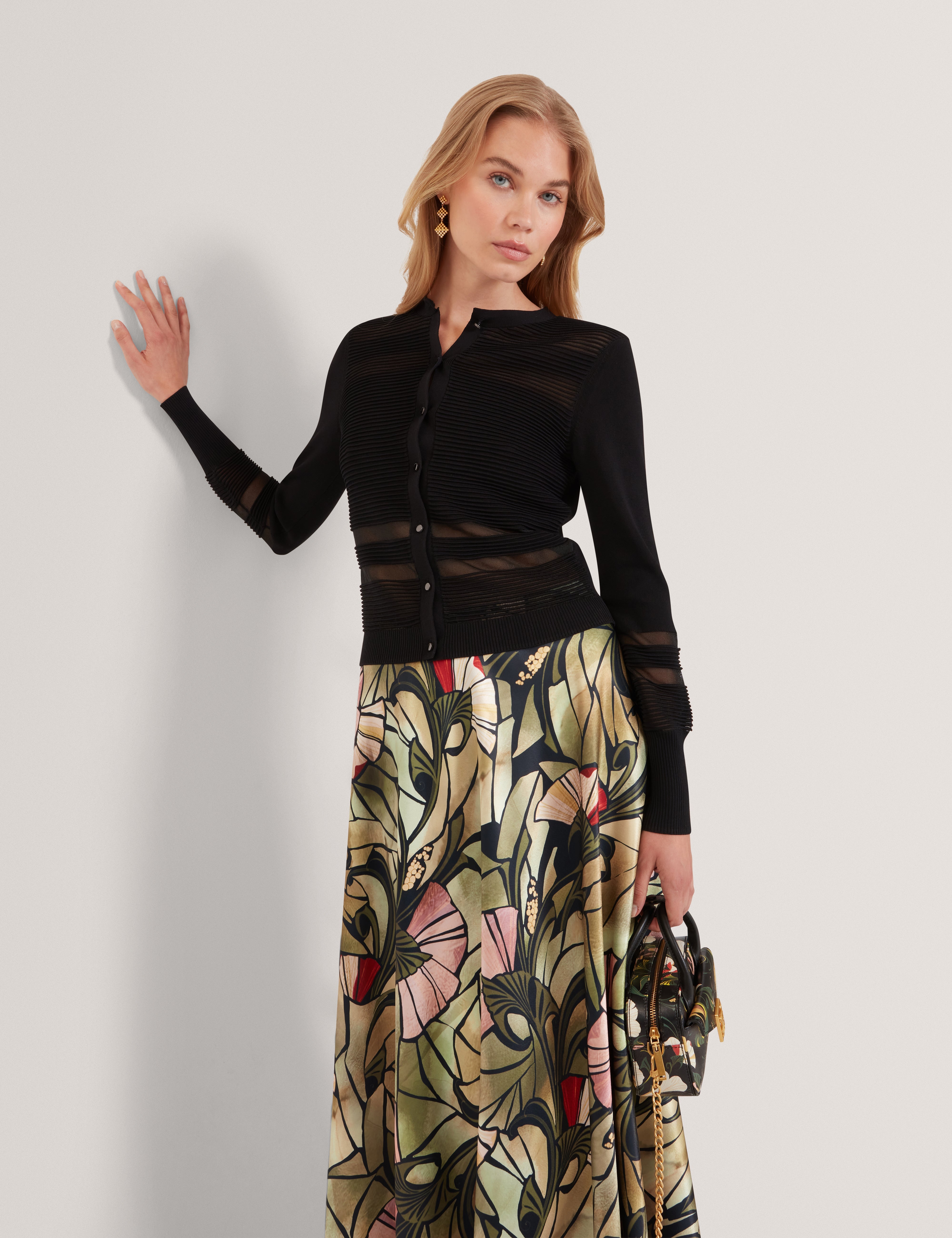 Calyaa Knit Cardigan With Invisible Yarn Panels Black