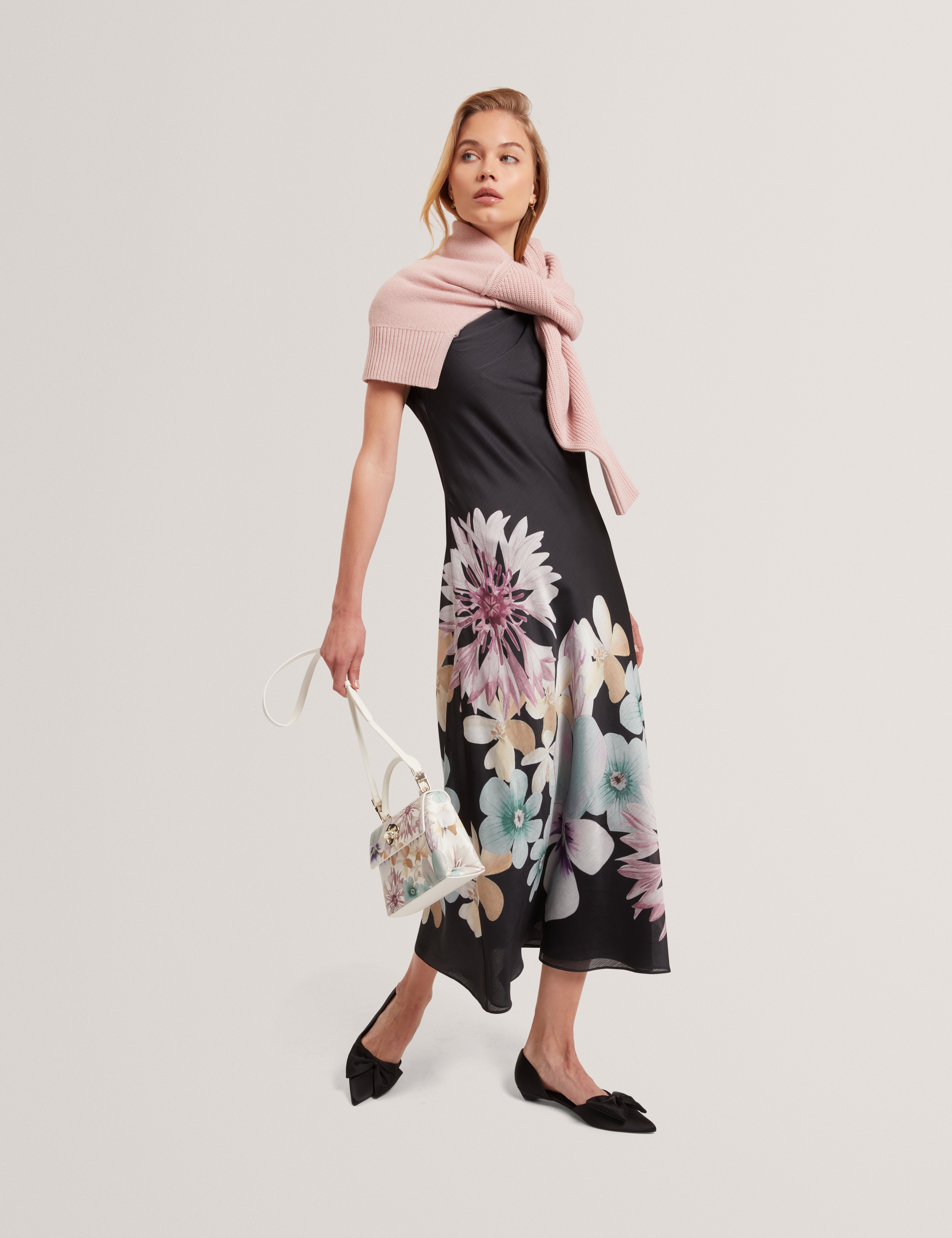 Demita Printed Short Sleeve Draped Neck Midi Dress Black