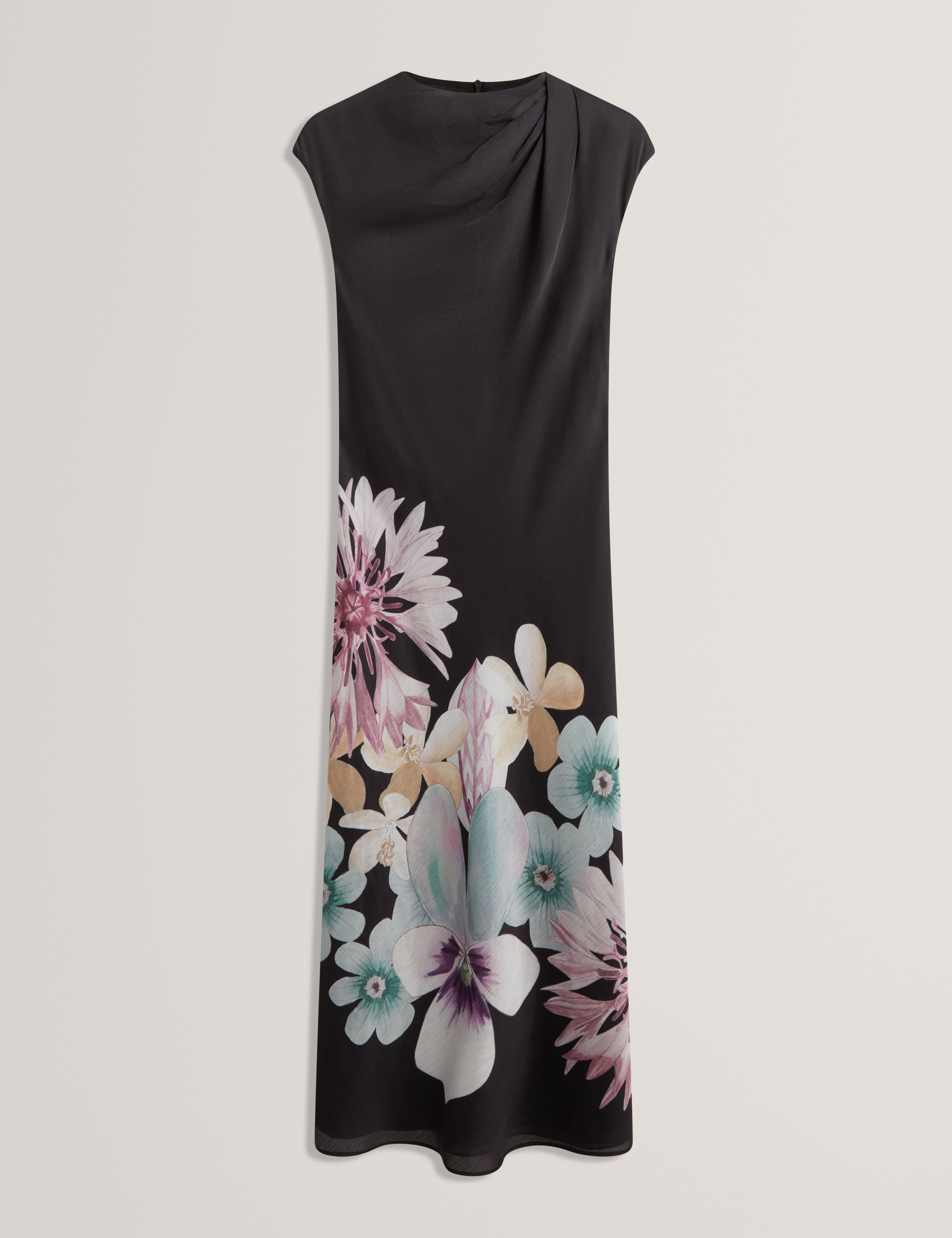 Demita Printed Short Sleeve Draped Neck Midi Dress Black
