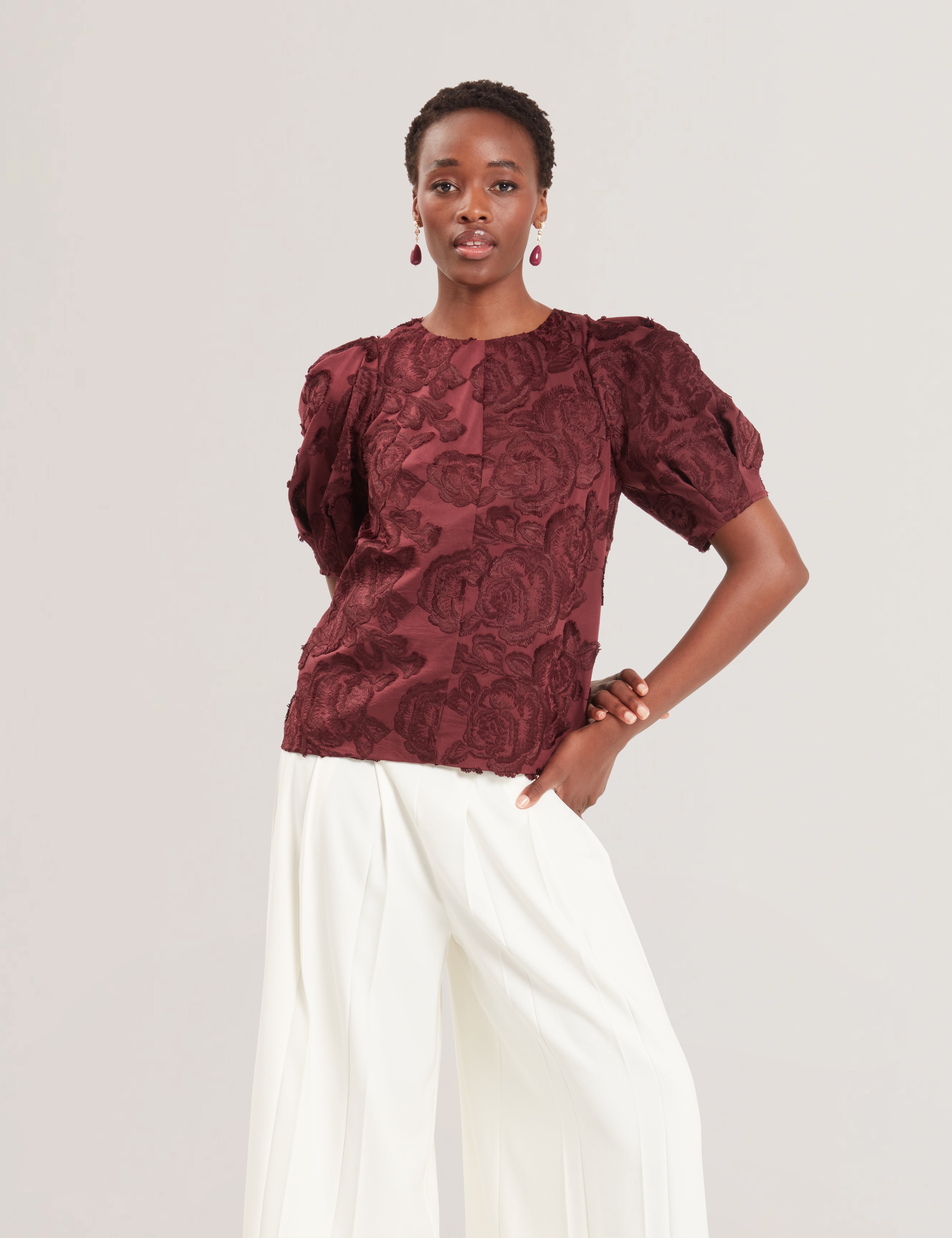 Teodori Puff Sleeve Textured Rose Top Oxblood