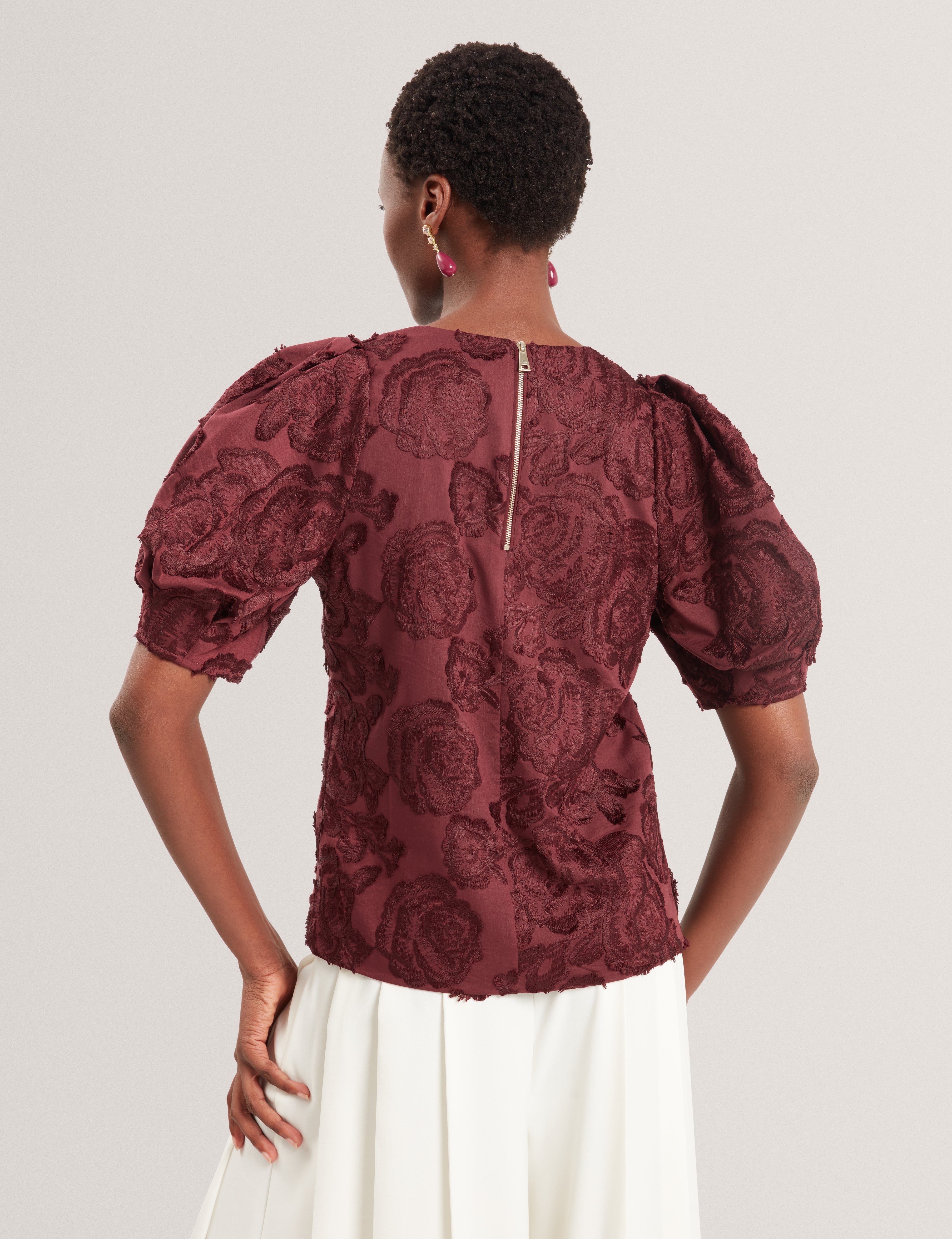 Teodori Puff Sleeve Textured Rose Top Oxblood