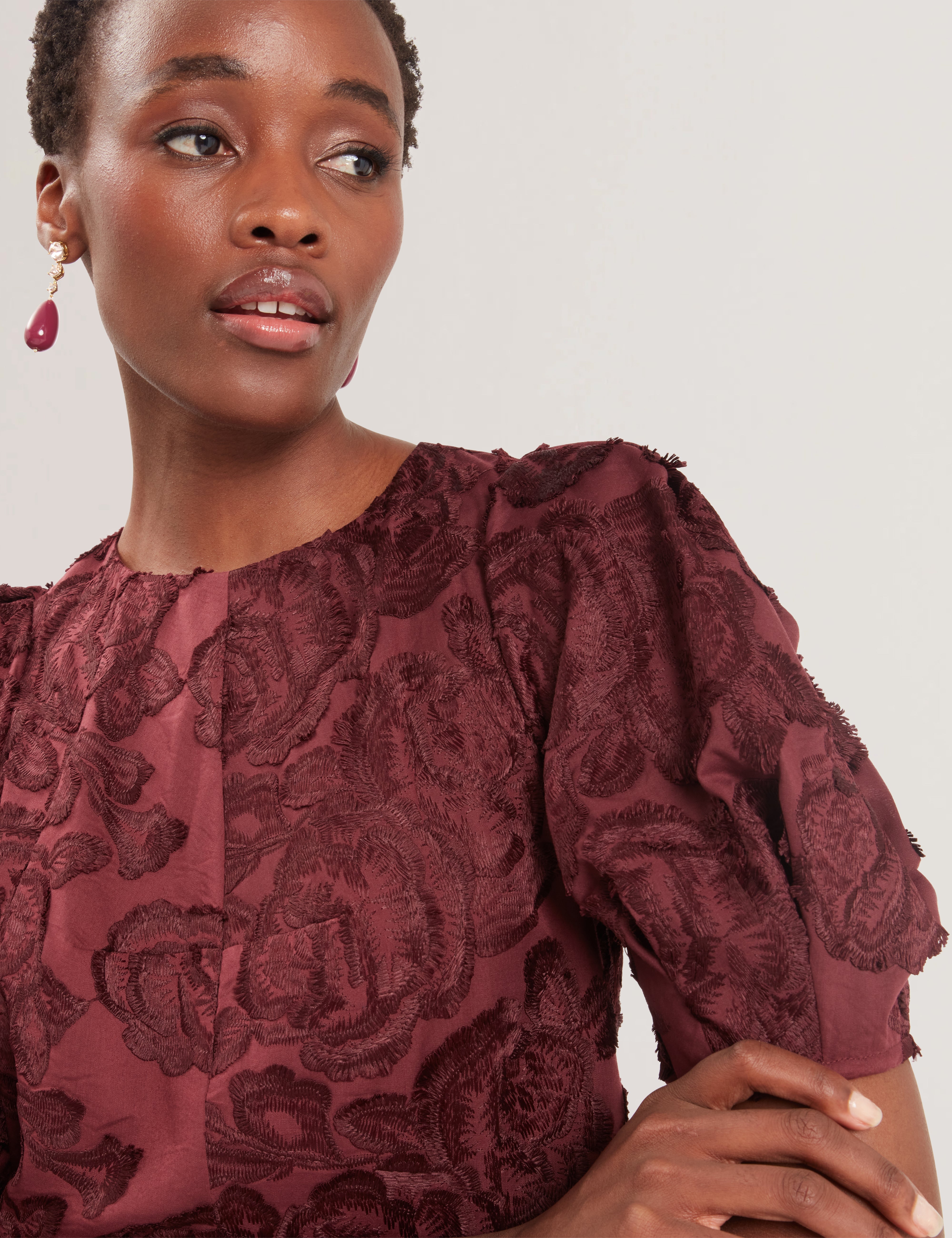 Teodori Puff Sleeve Textured Rose Top Oxblood