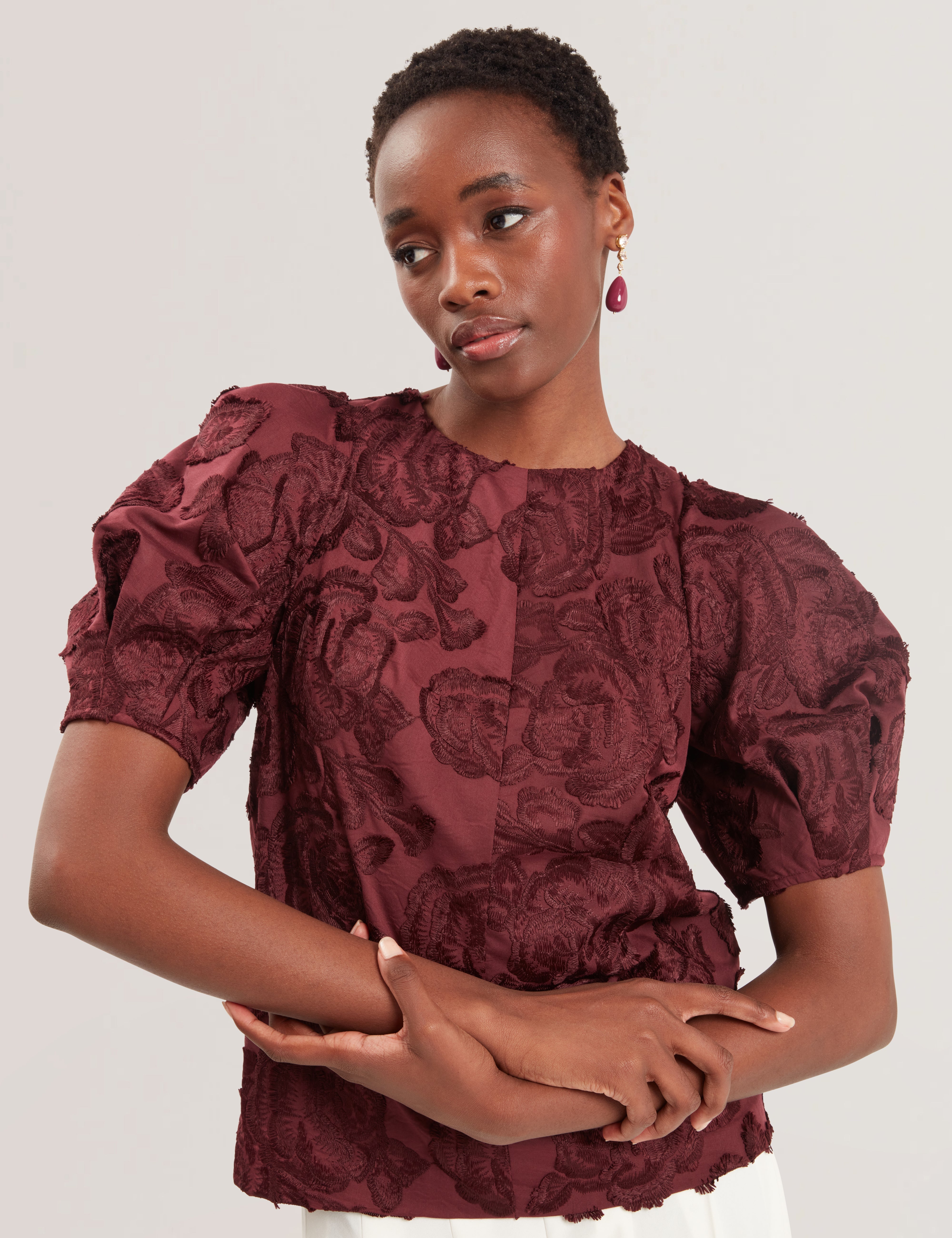 Teodori Puff Sleeve Textured Rose Top Oxblood