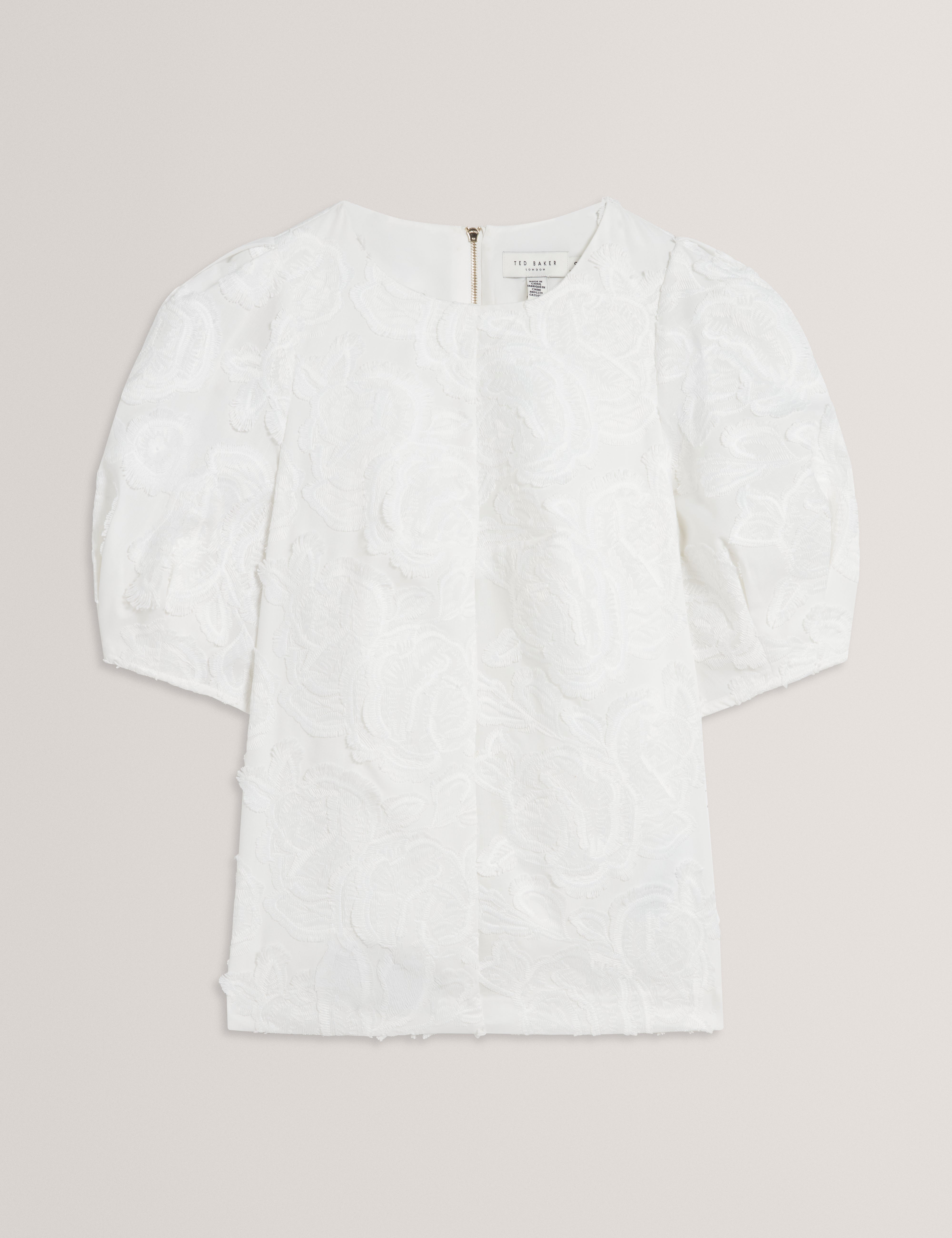 Teodori Puff Sleeve Textured Rose Top White