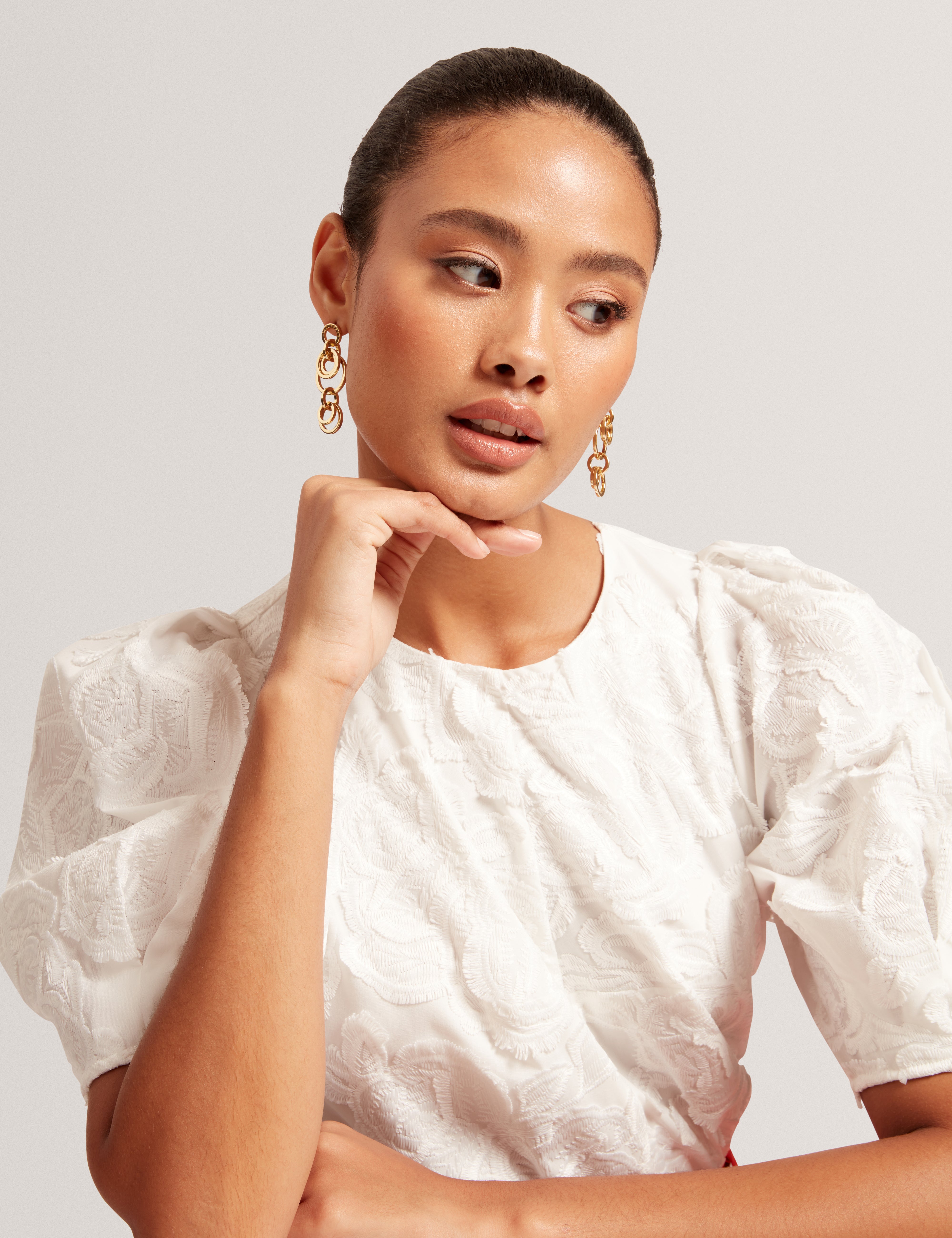 Teodori Puff Sleeve Textured Rose Top White