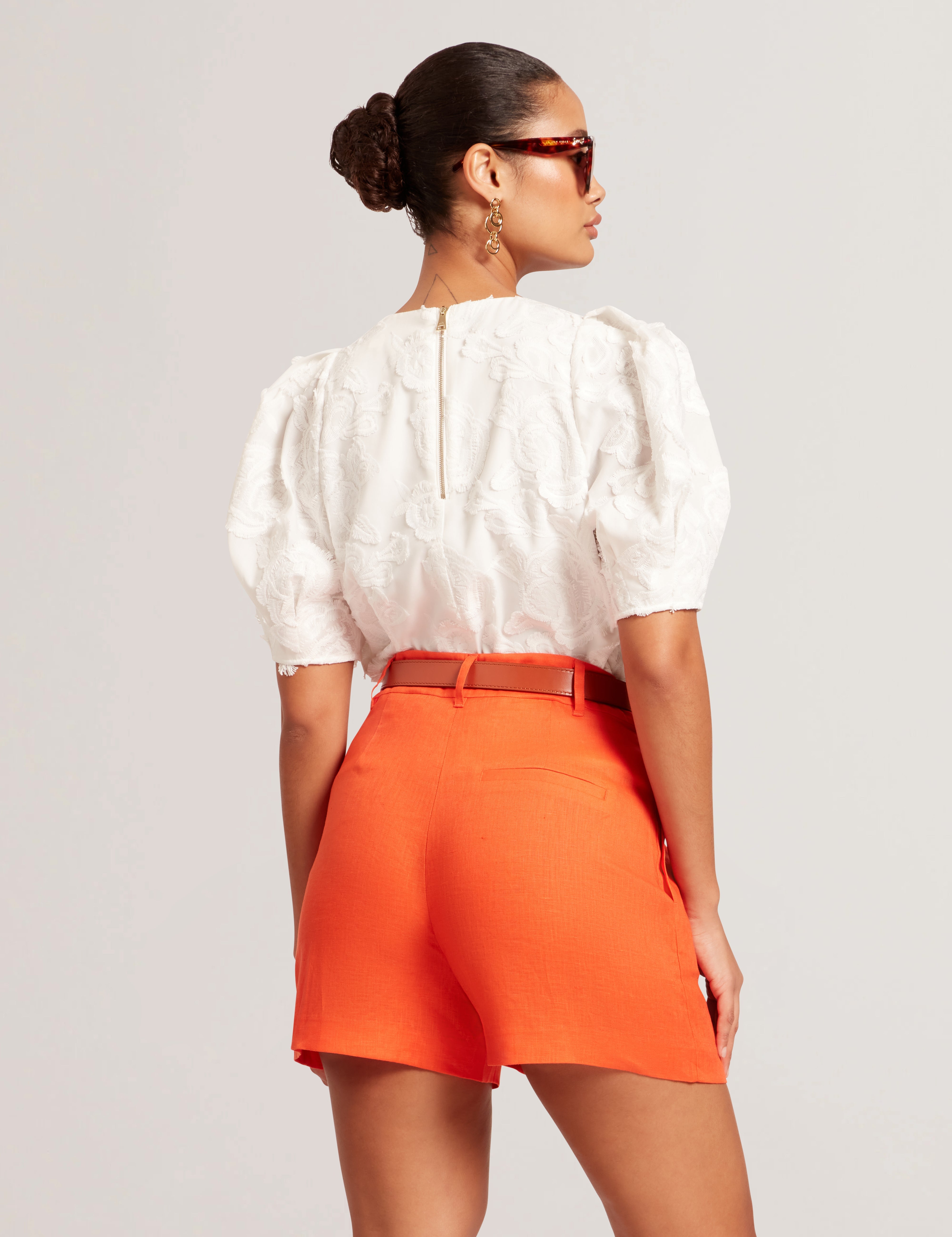 Teodori Puff Sleeve Textured Rose Top White