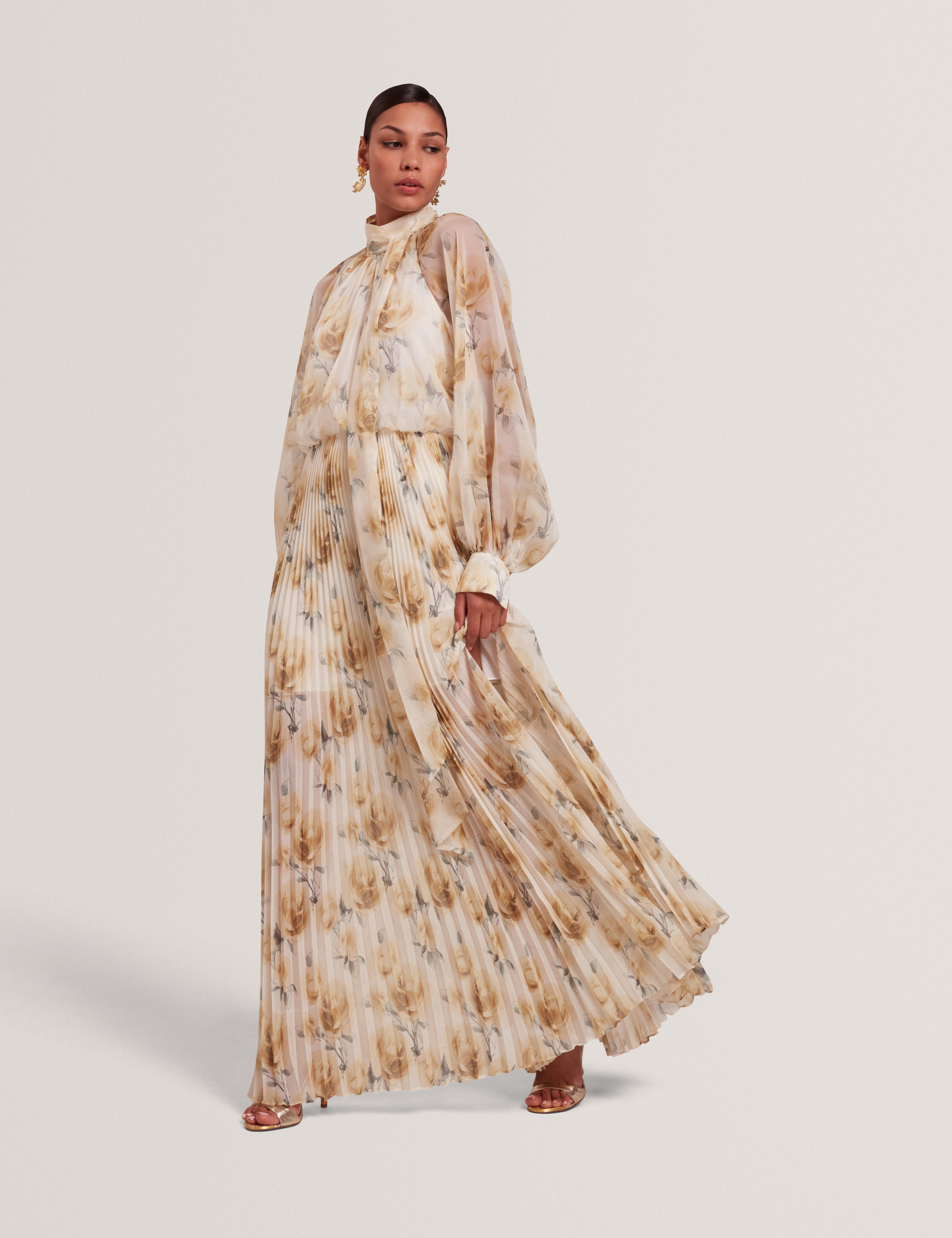 Patsie Tie Detail Long Sleeve Floral Maxi Dress Ivory