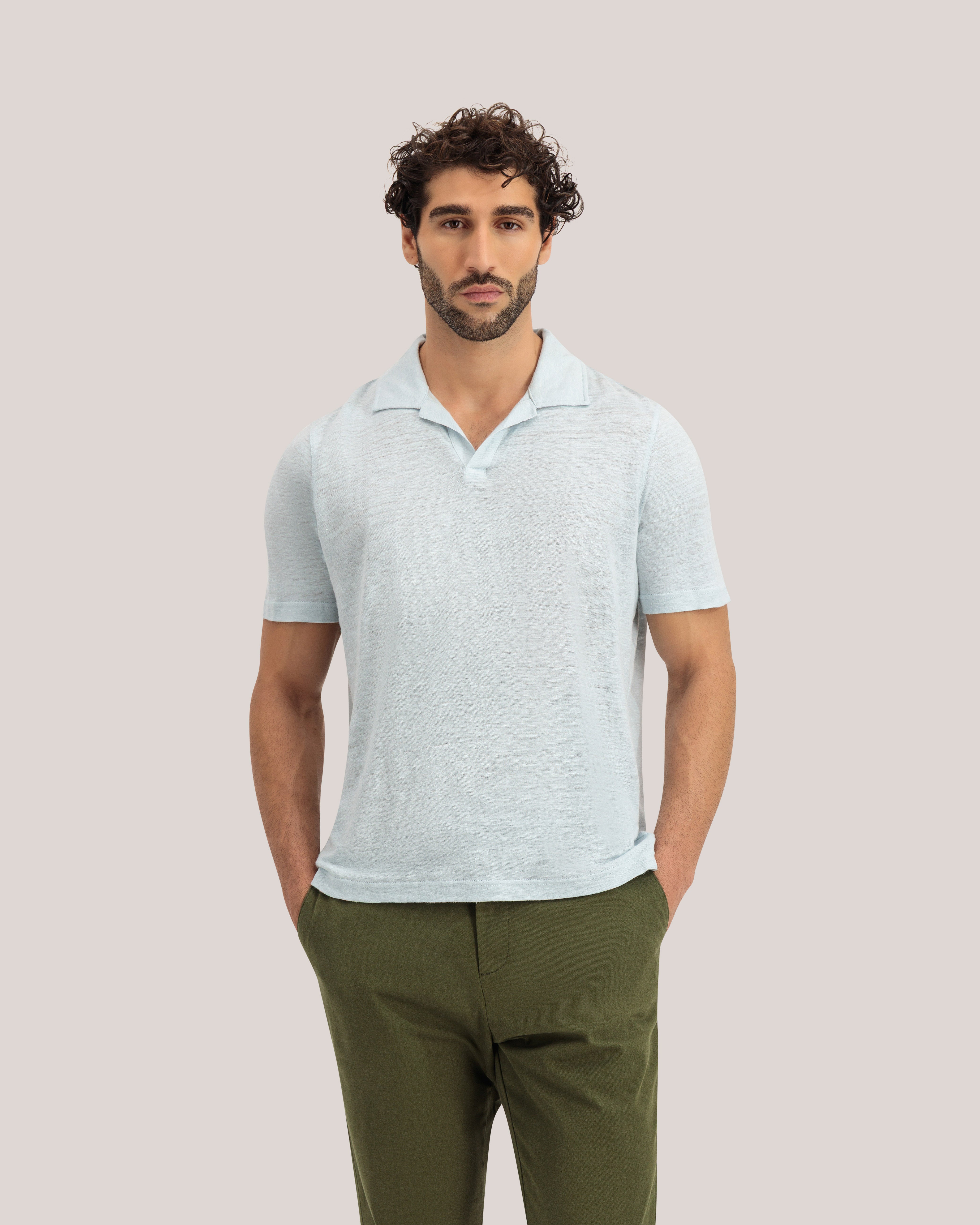 Flinpo Short Sleeve Regular Linen Polo Pl-Blue