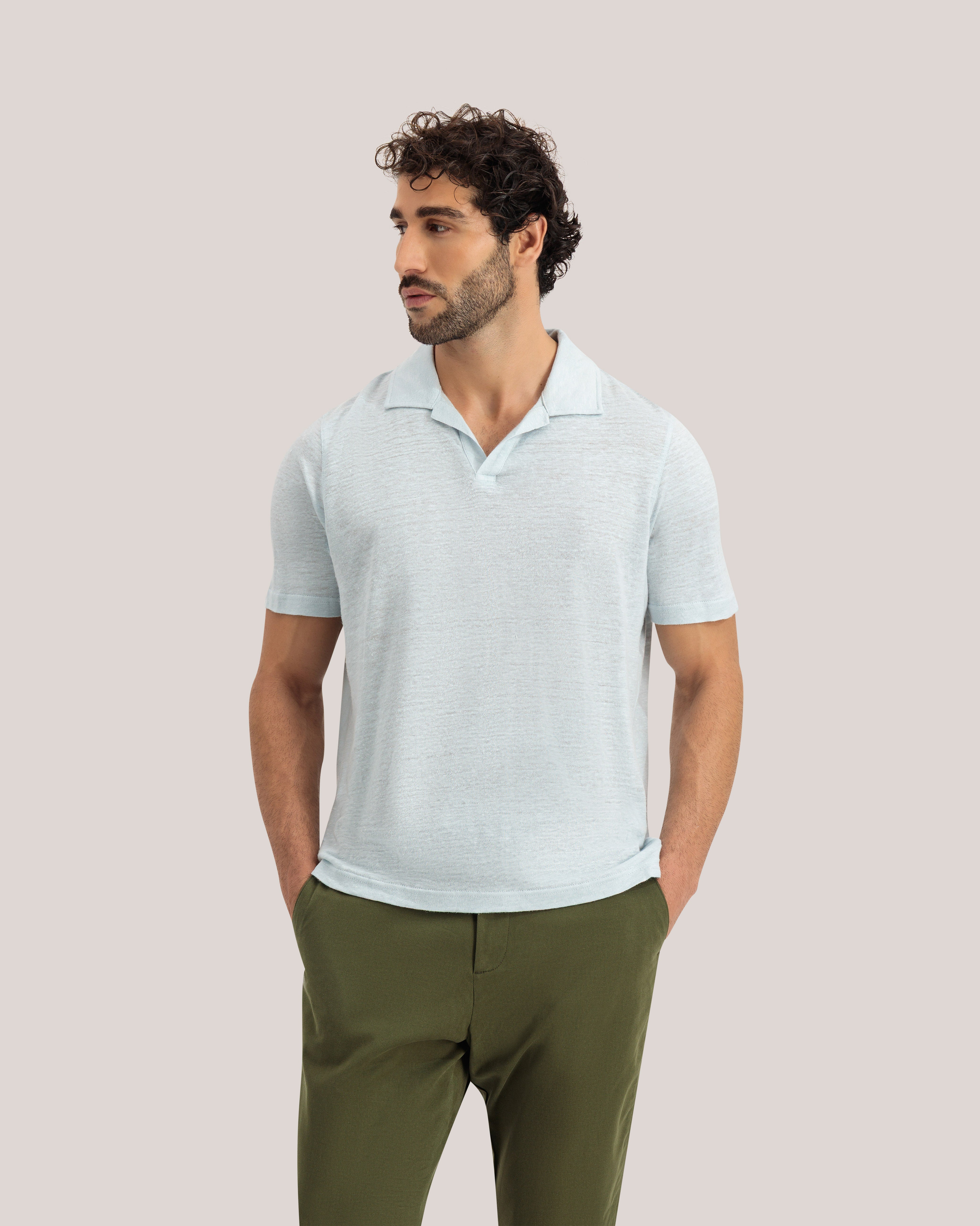 Flinpo Short Sleeve Regular Linen Polo Pl-Blue