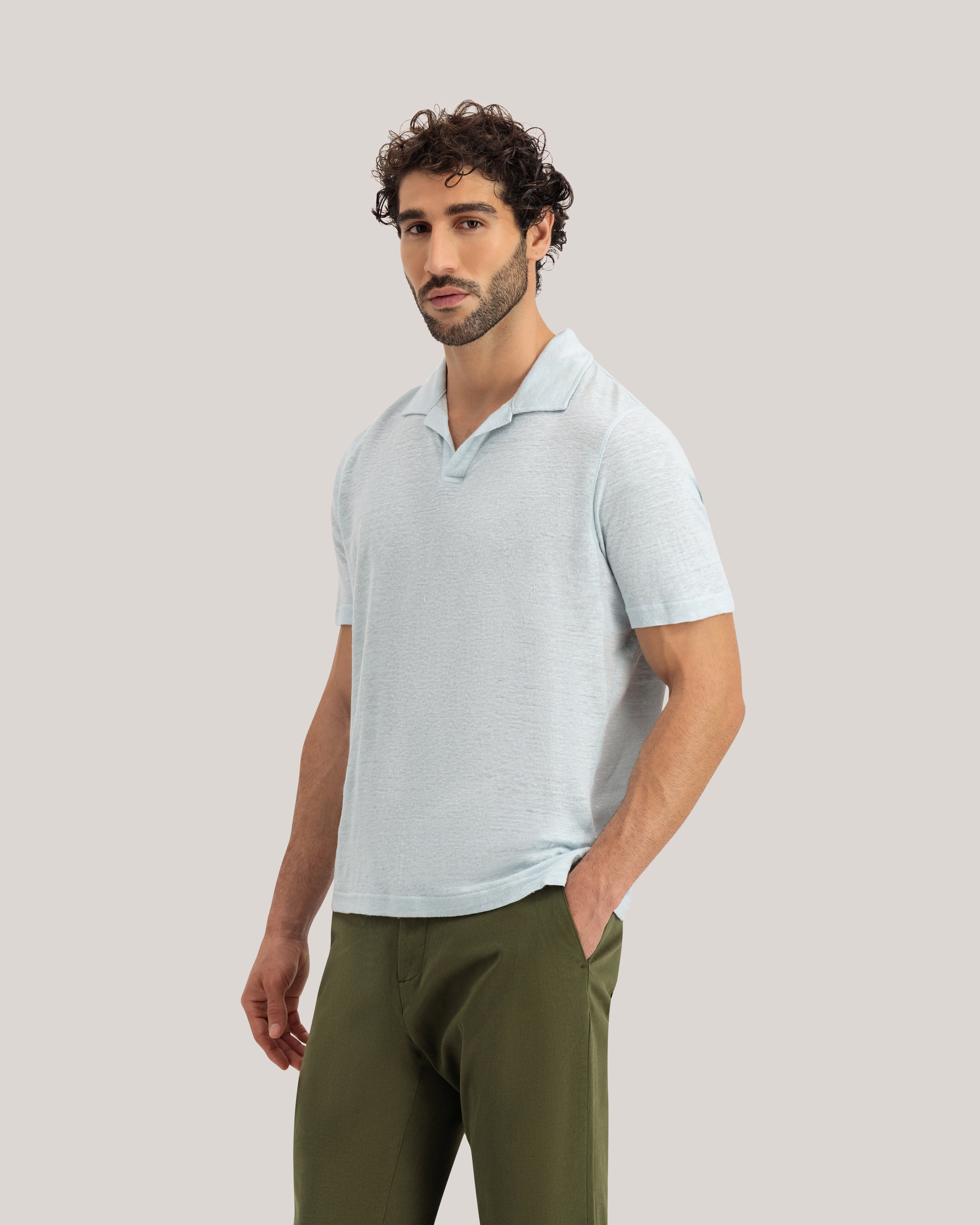 Flinpo Short Sleeve Regular Linen Polo Pl-Blue