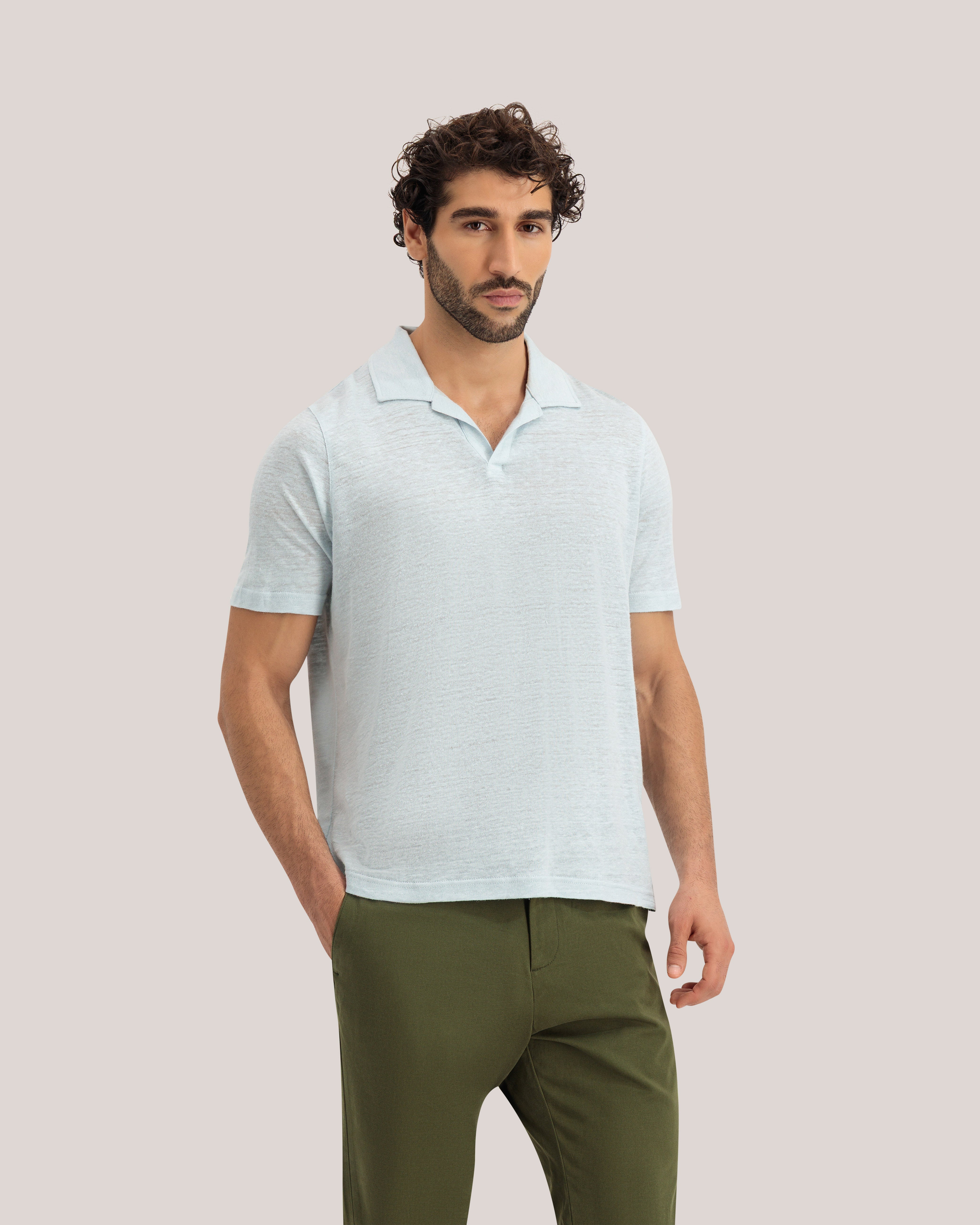 Flinpo Short Sleeve Regular Linen Polo Pl-Blue