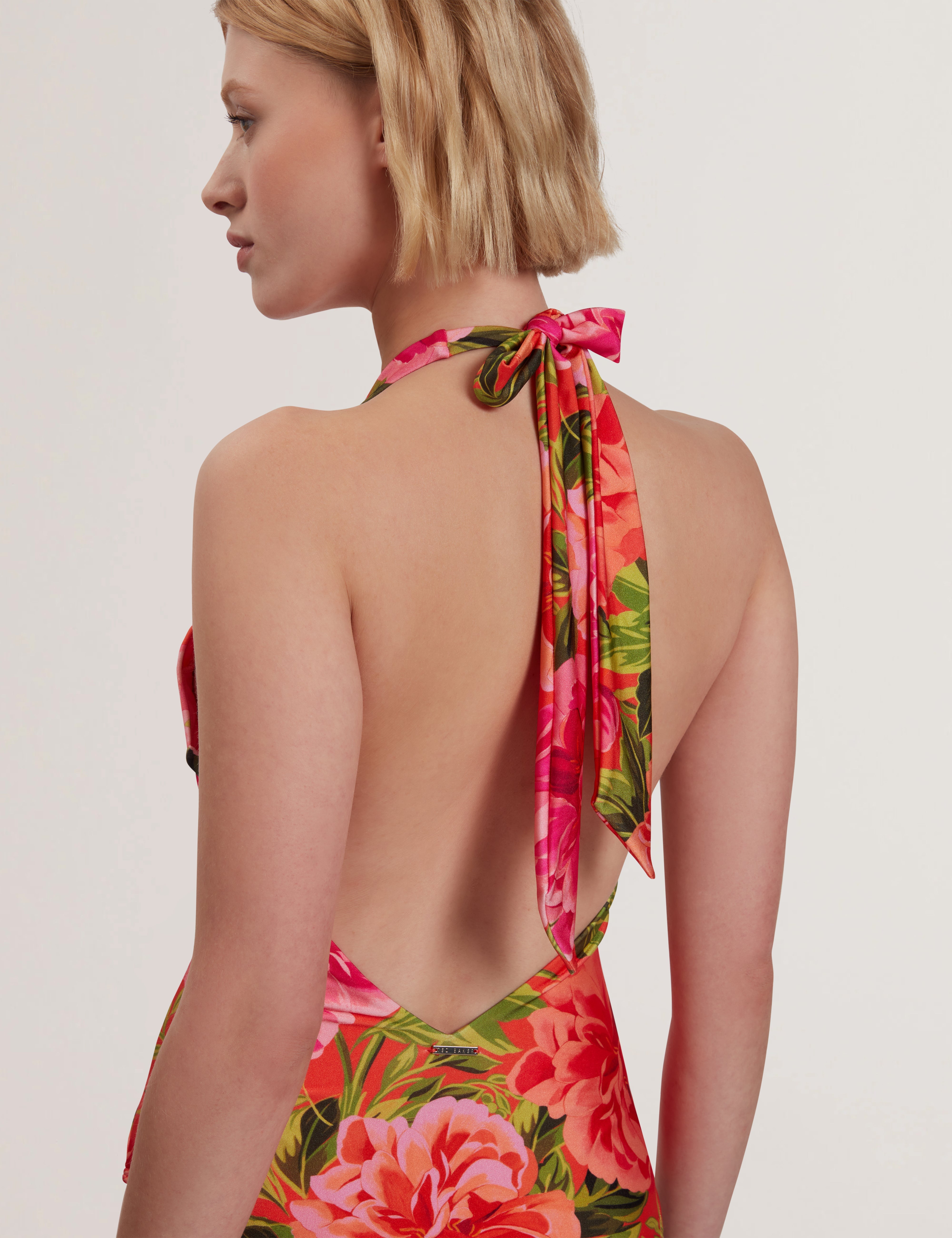 Abygal Twist Detail Plunge Halter Neck Swimsuit Coral