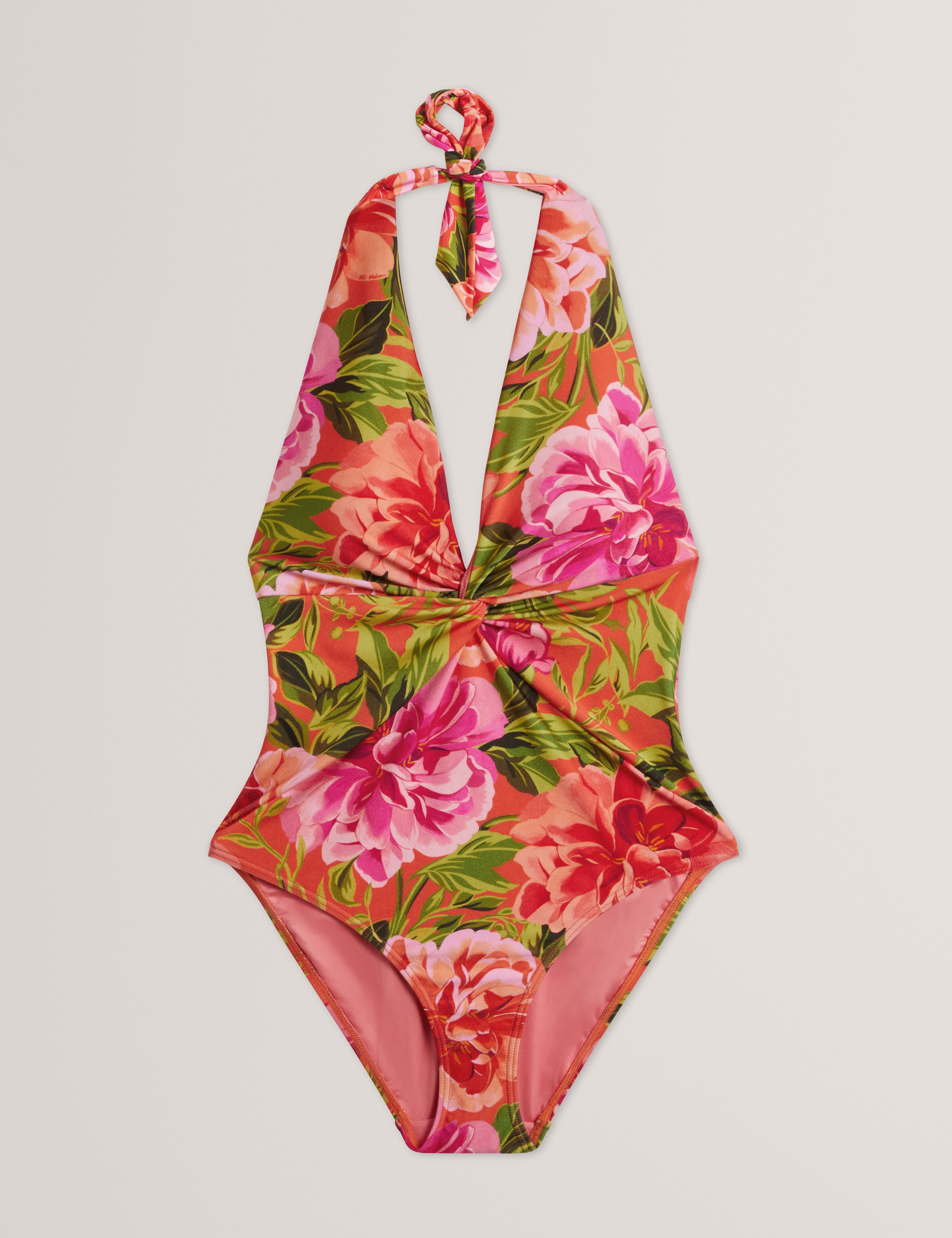 Abygal Twist Detail Plunge Halter Neck Swimsuit Coral