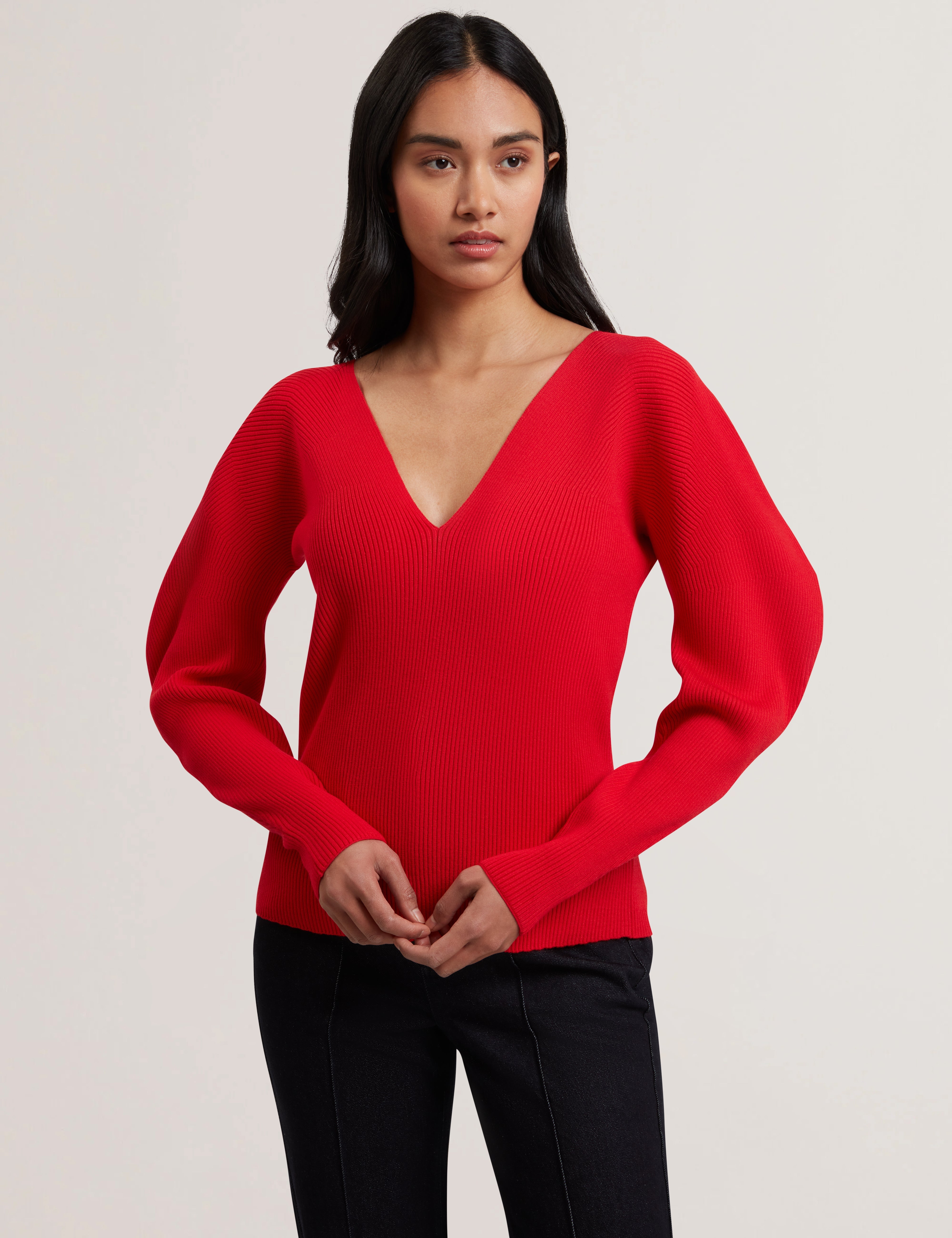 Amelyaa Ribbed Sculpted Sleeve Sweater Brt-Red