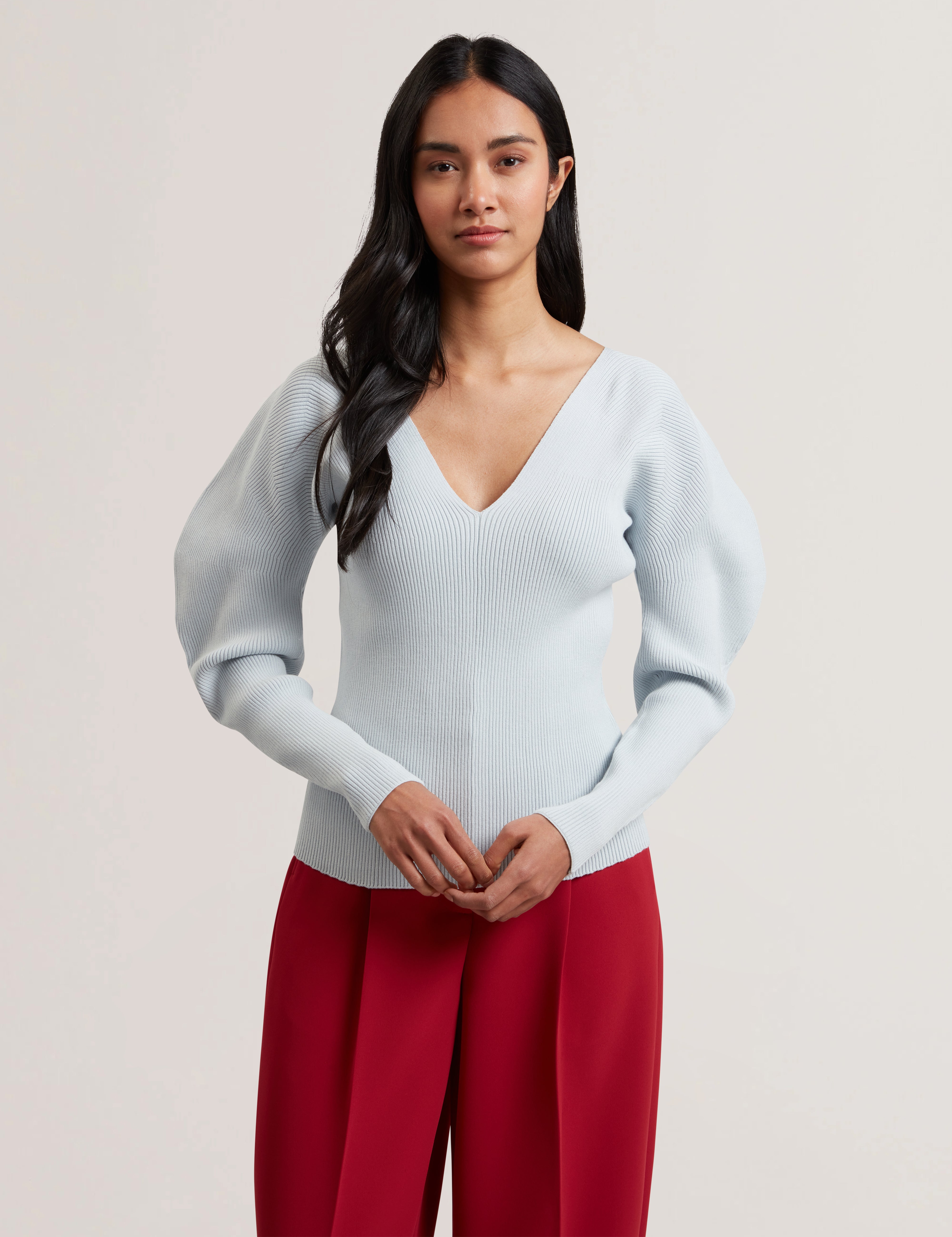Amelyaa Ribbed Sculpted Sleeve Sweater Pl-Blue