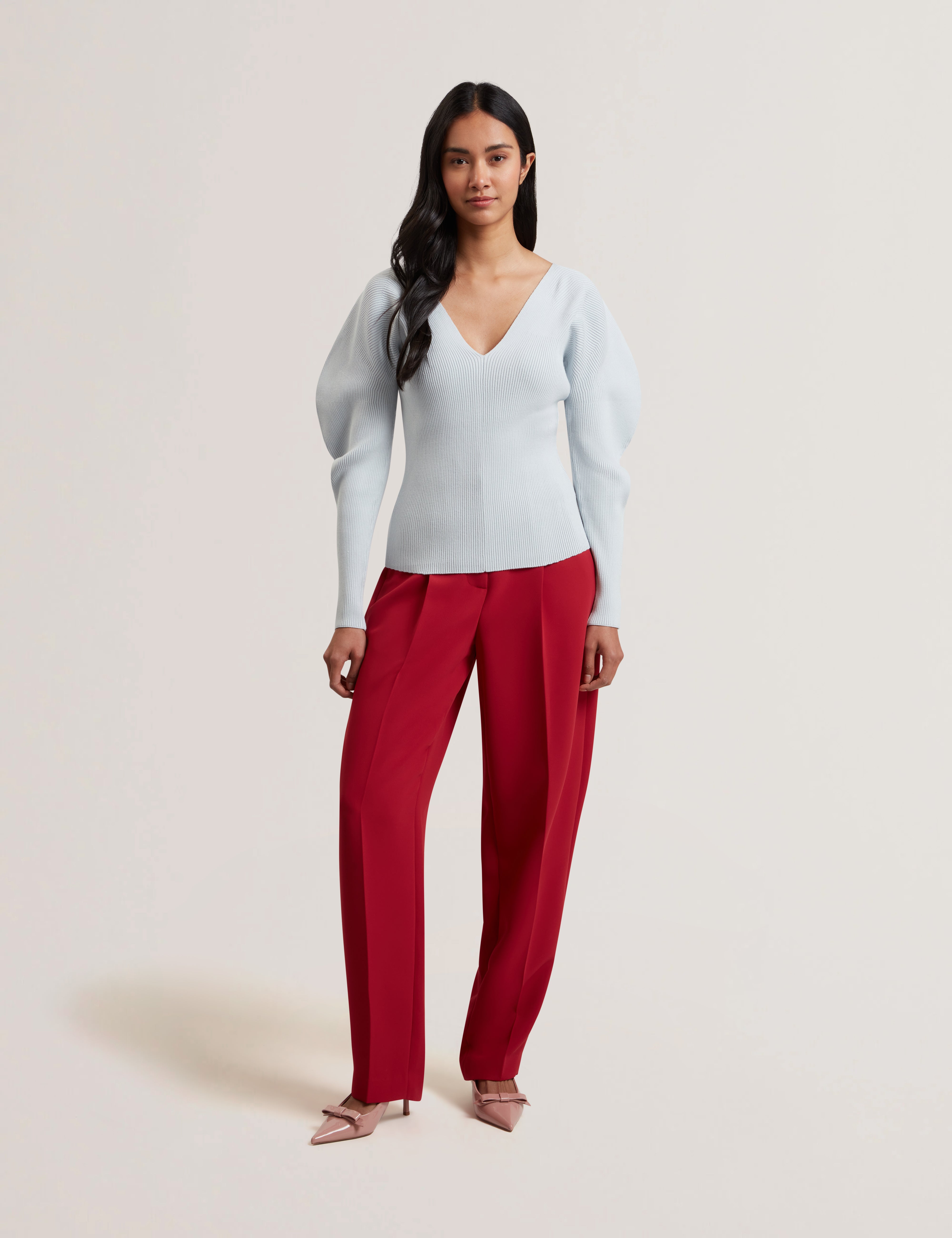 Amelyaa Ribbed Sculpted Sleeve Sweater Pl-Blue