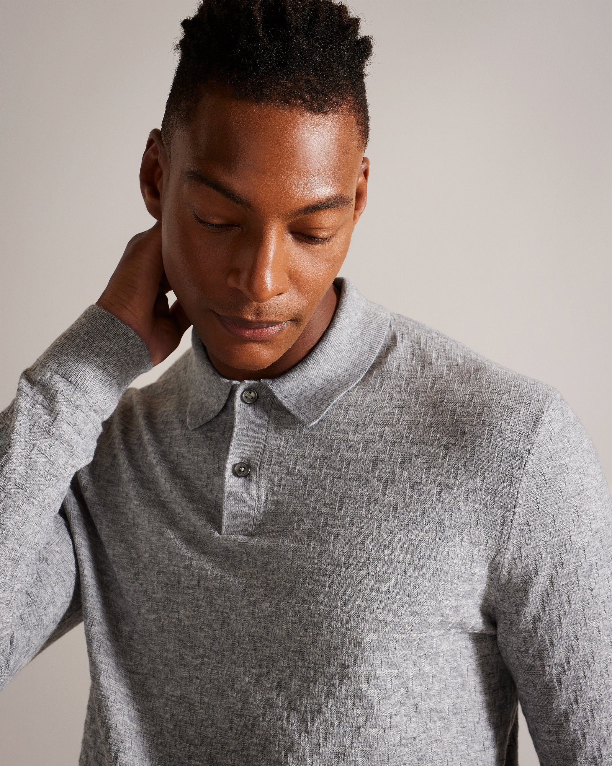 Morar Long Sleeve T Stitch Knitted Polo Grey
