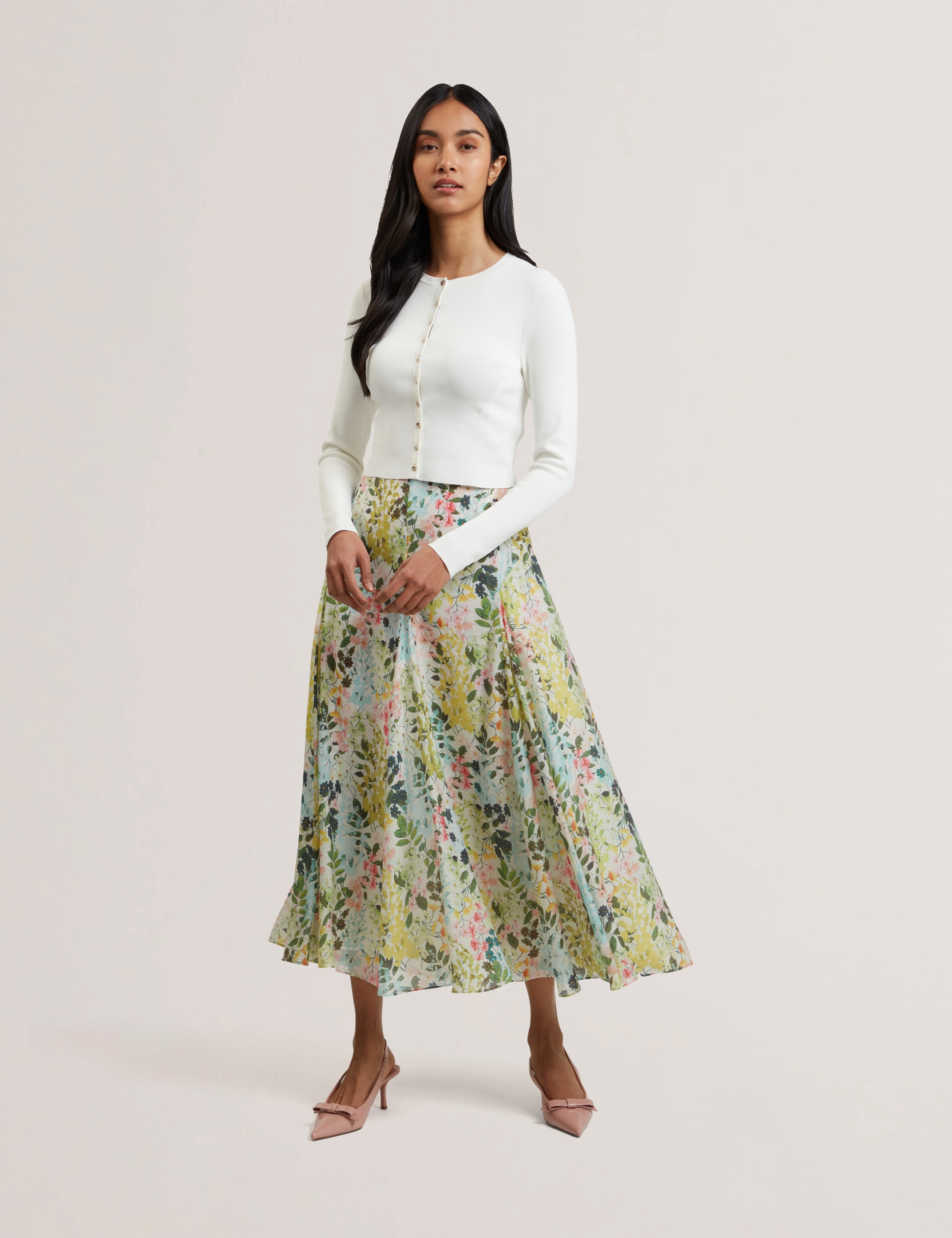 Azulla Printed Seam Detailing Midi Skirt Ivory