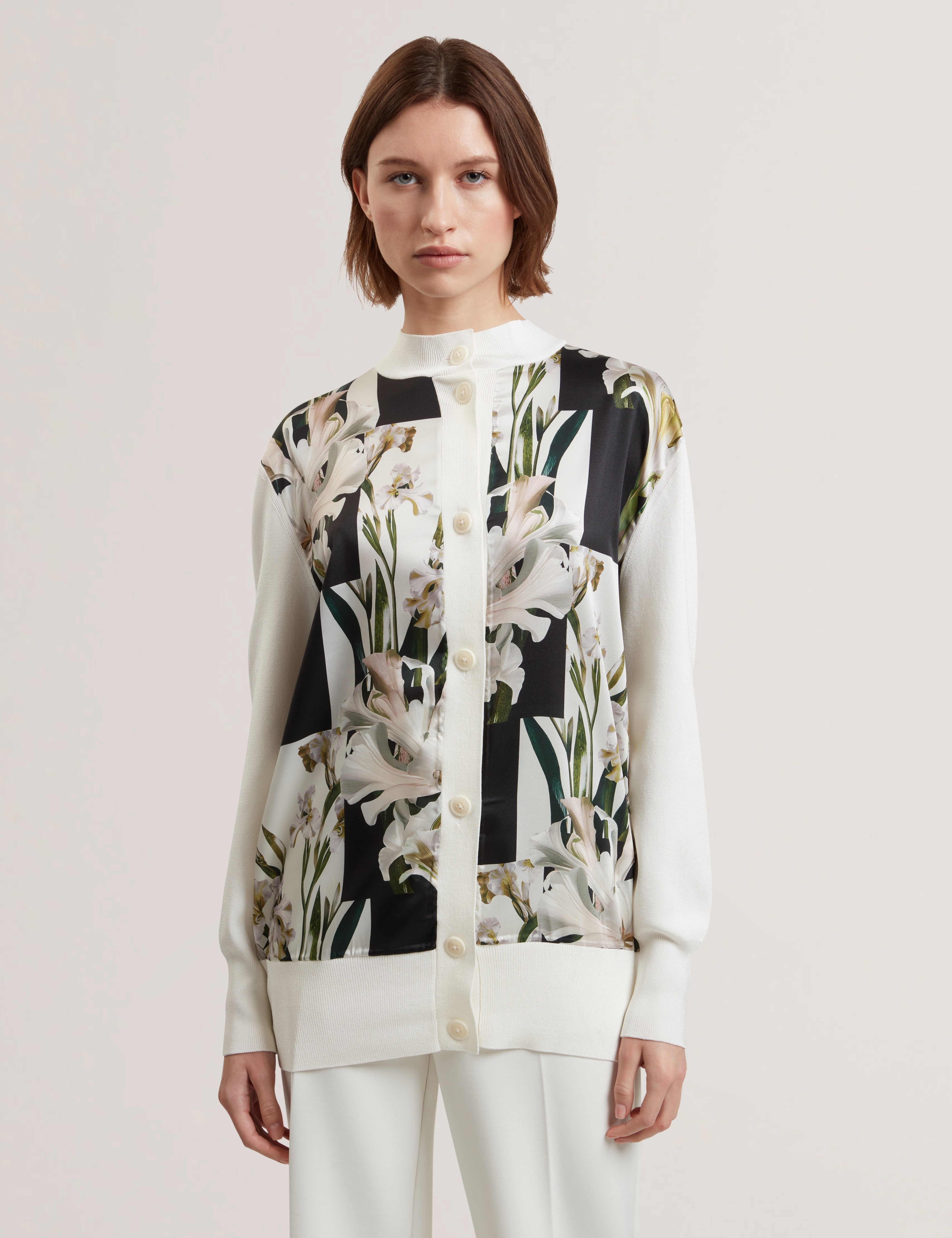 Belviaa Printed Woven Front Cardigan Ivory