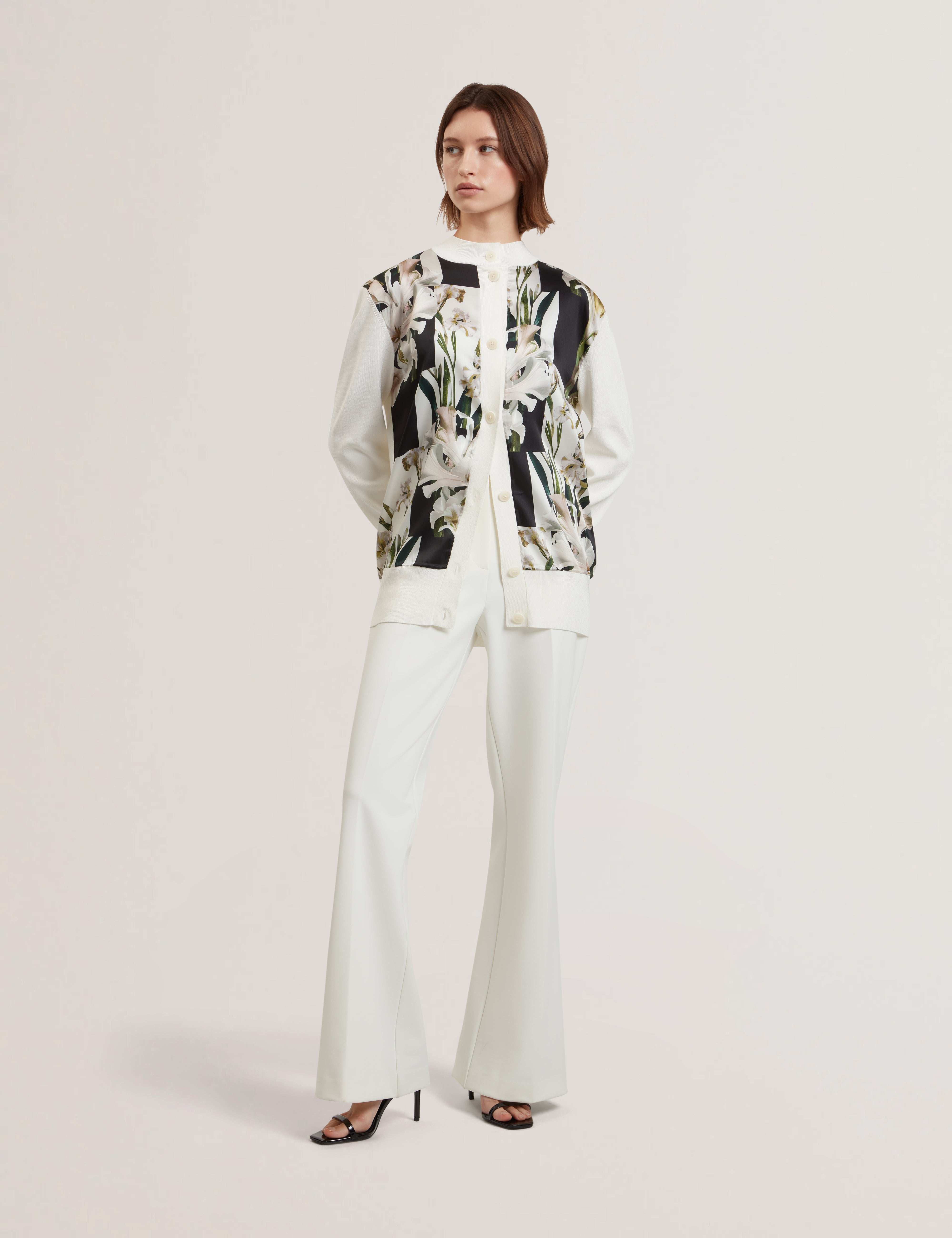 Belviaa Printed Woven Front Cardigan Ivory