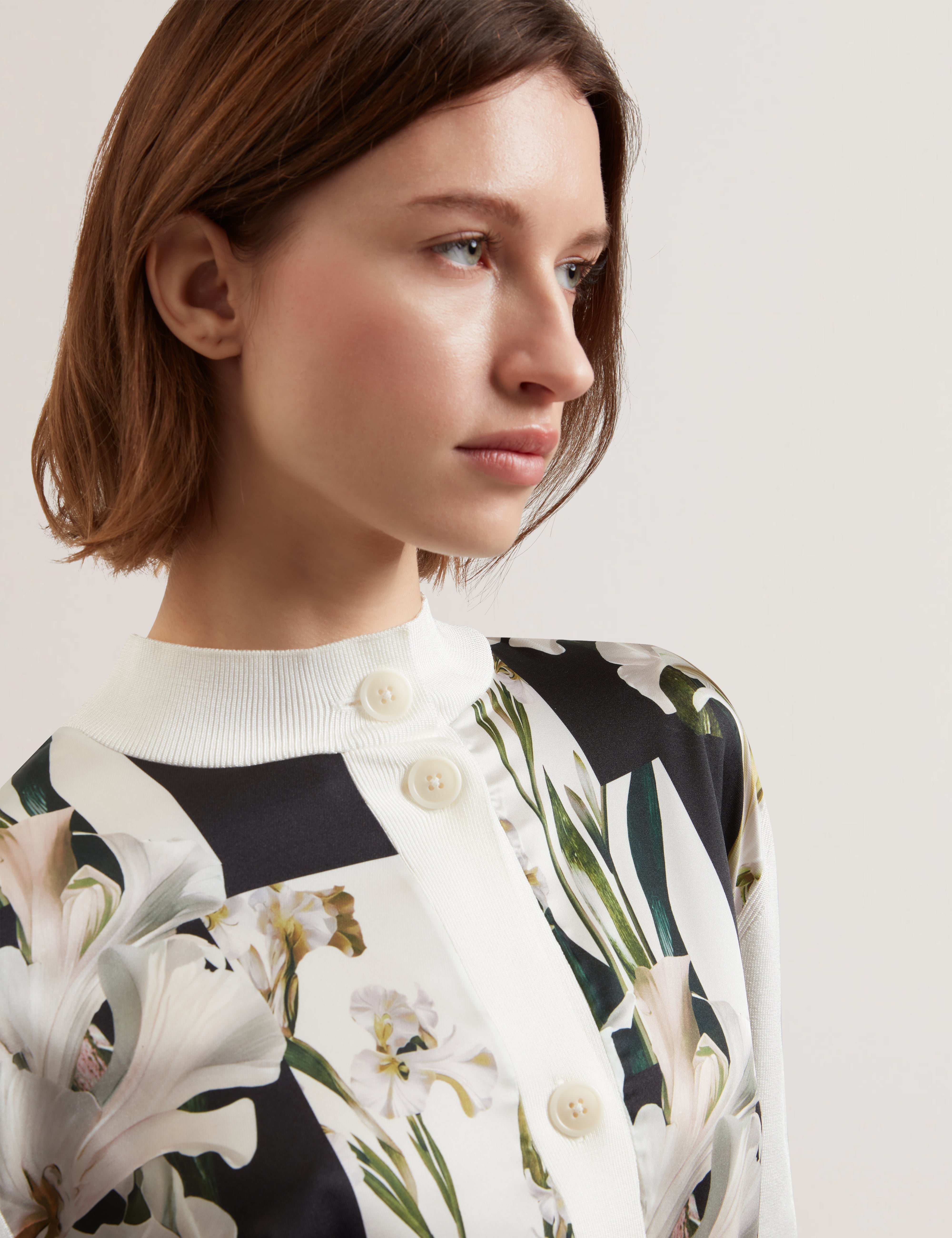 Belviaa Printed Woven Front Cardigan Ivory