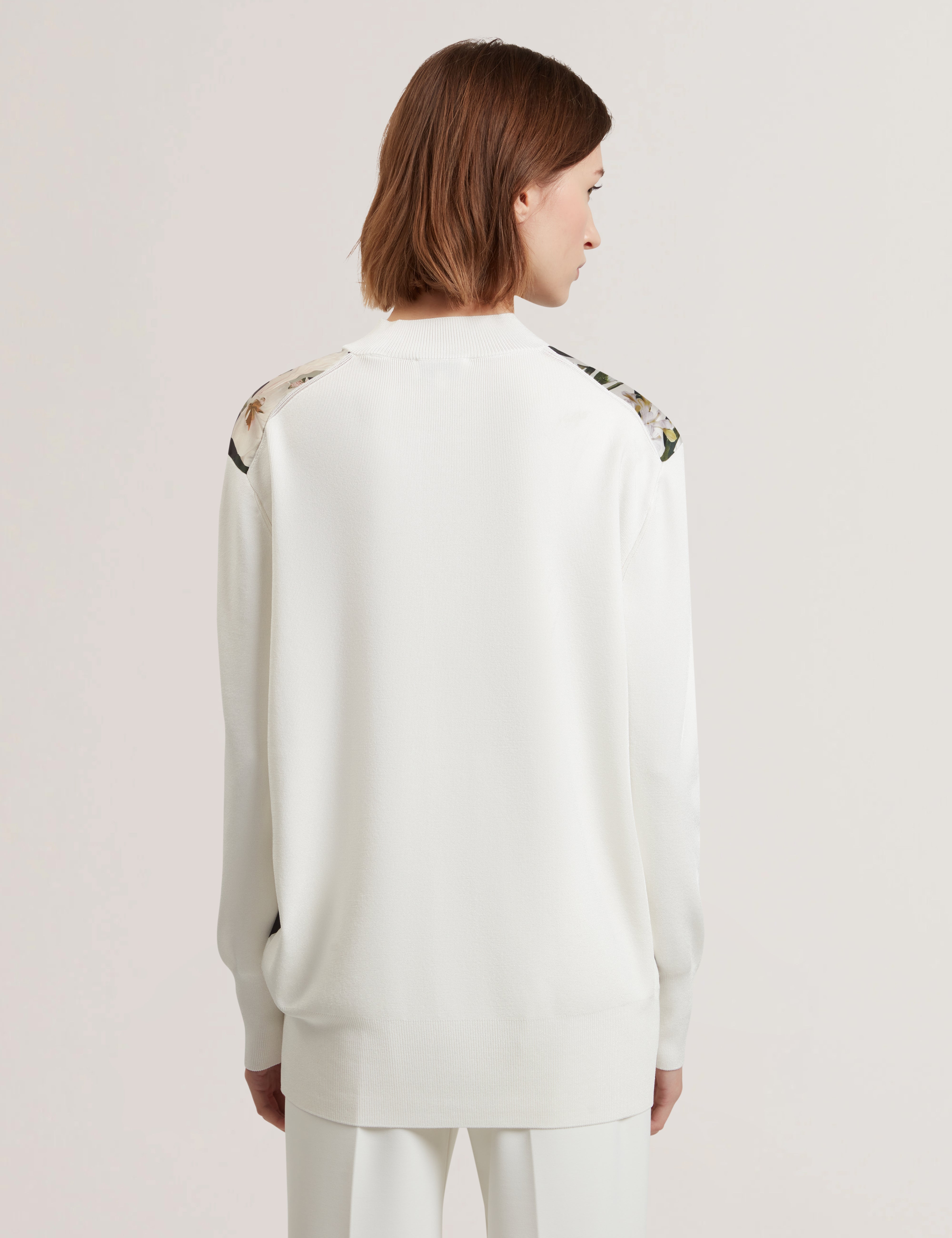 Belviaa Printed Woven Front Cardigan Ivory