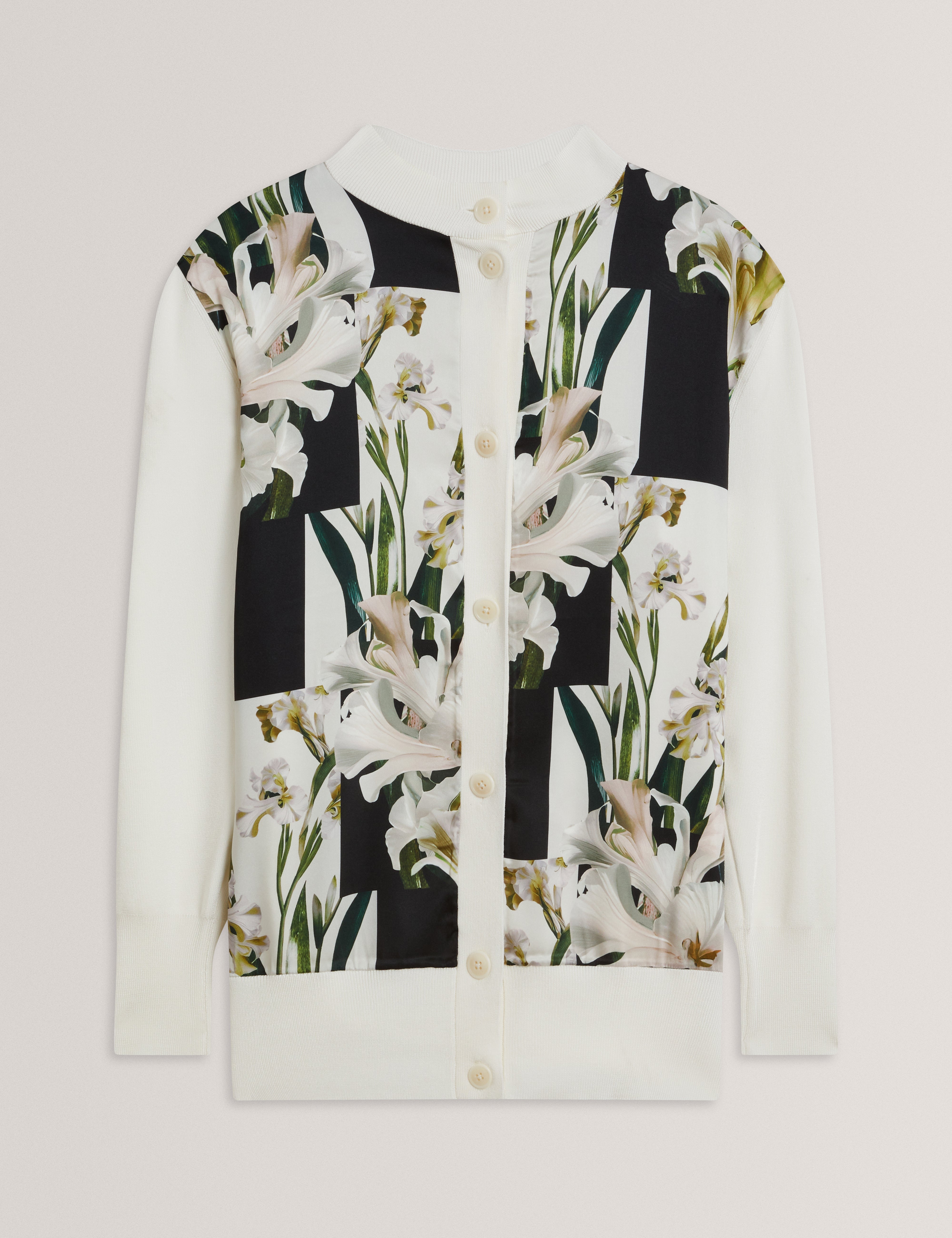 Belviaa Printed Woven Front Cardigan Ivory