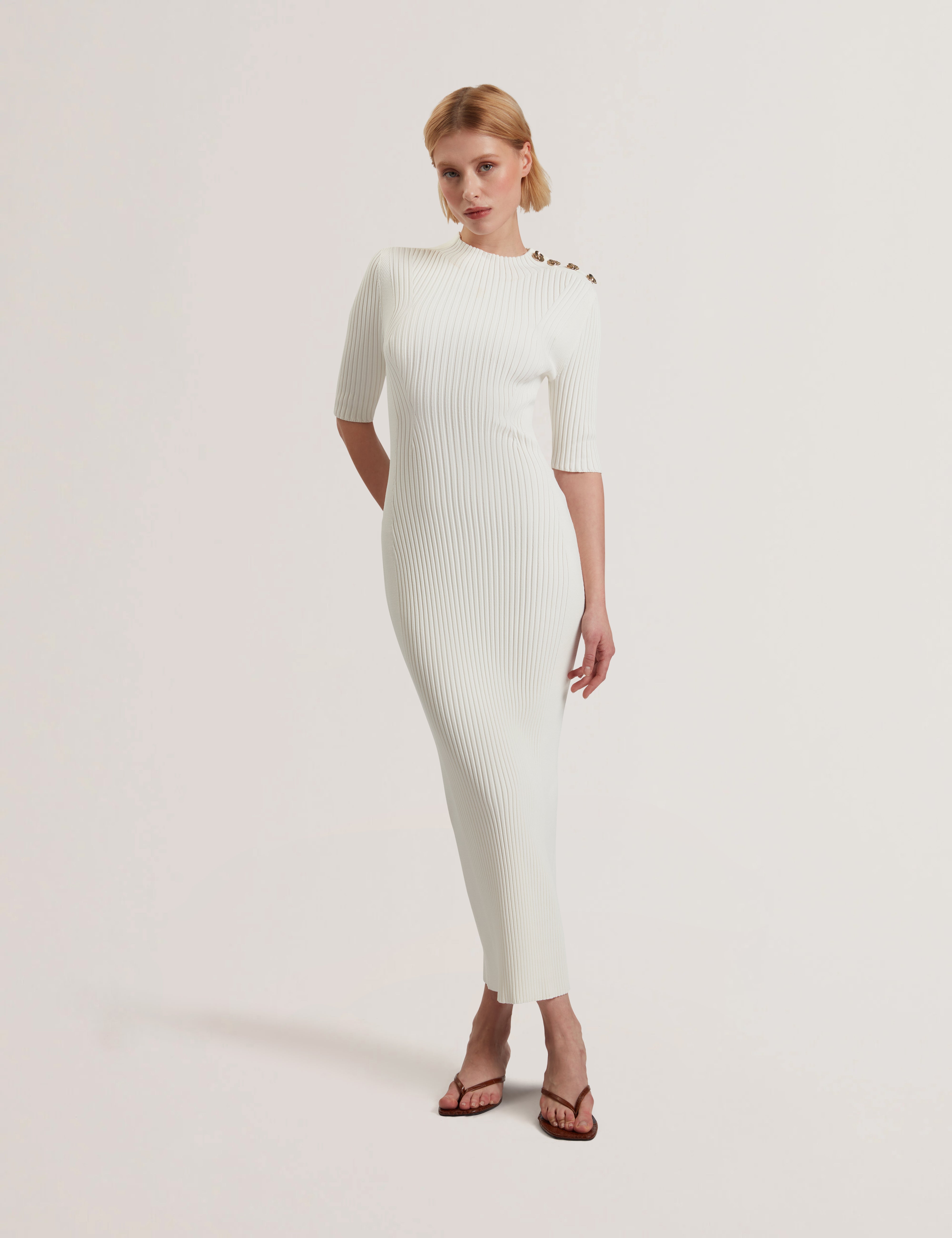 Candiic Ribbed Knit Button Detail Column Dress Ivory