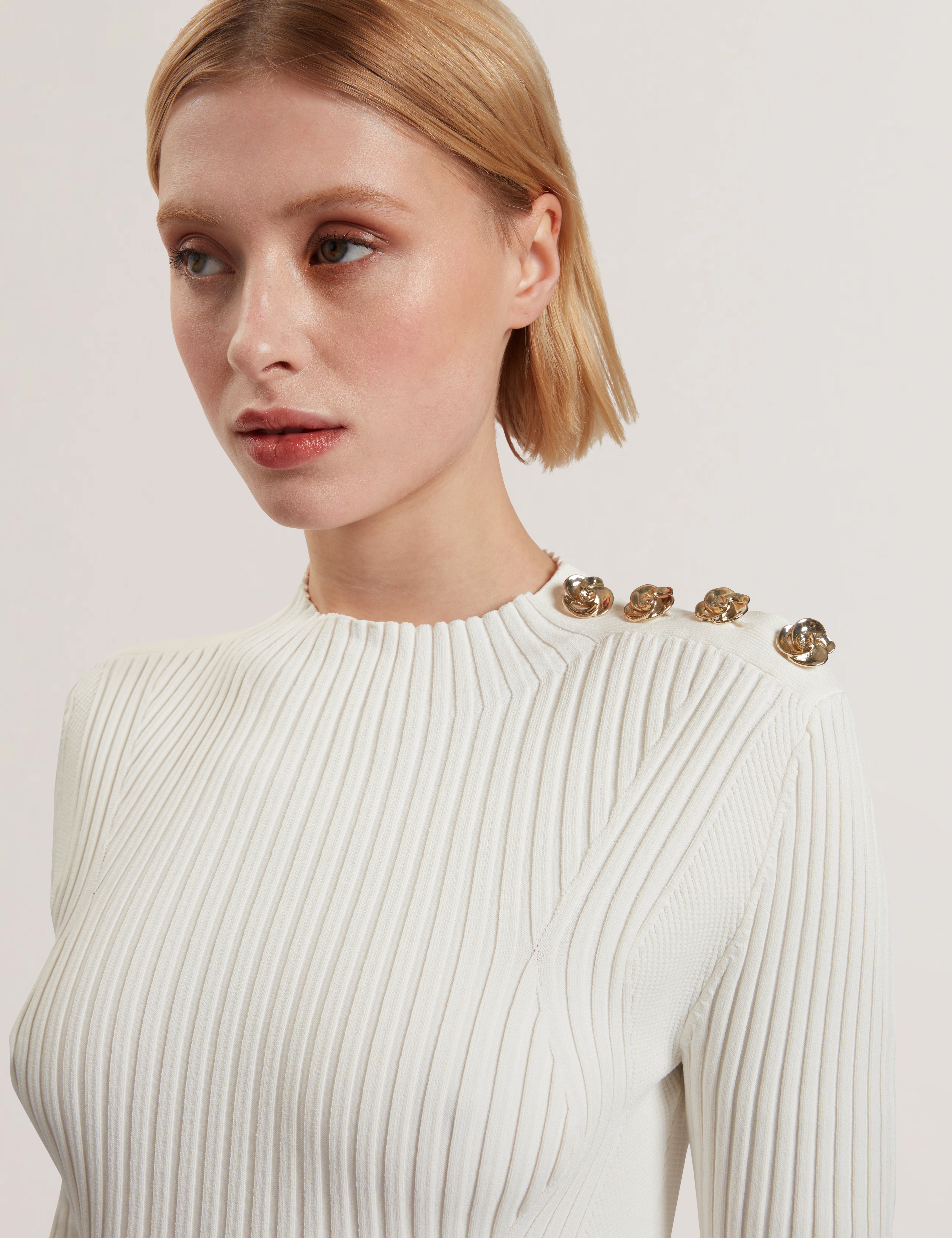 Candiic Ribbed Knit Button Detail Column Dress Ivory
