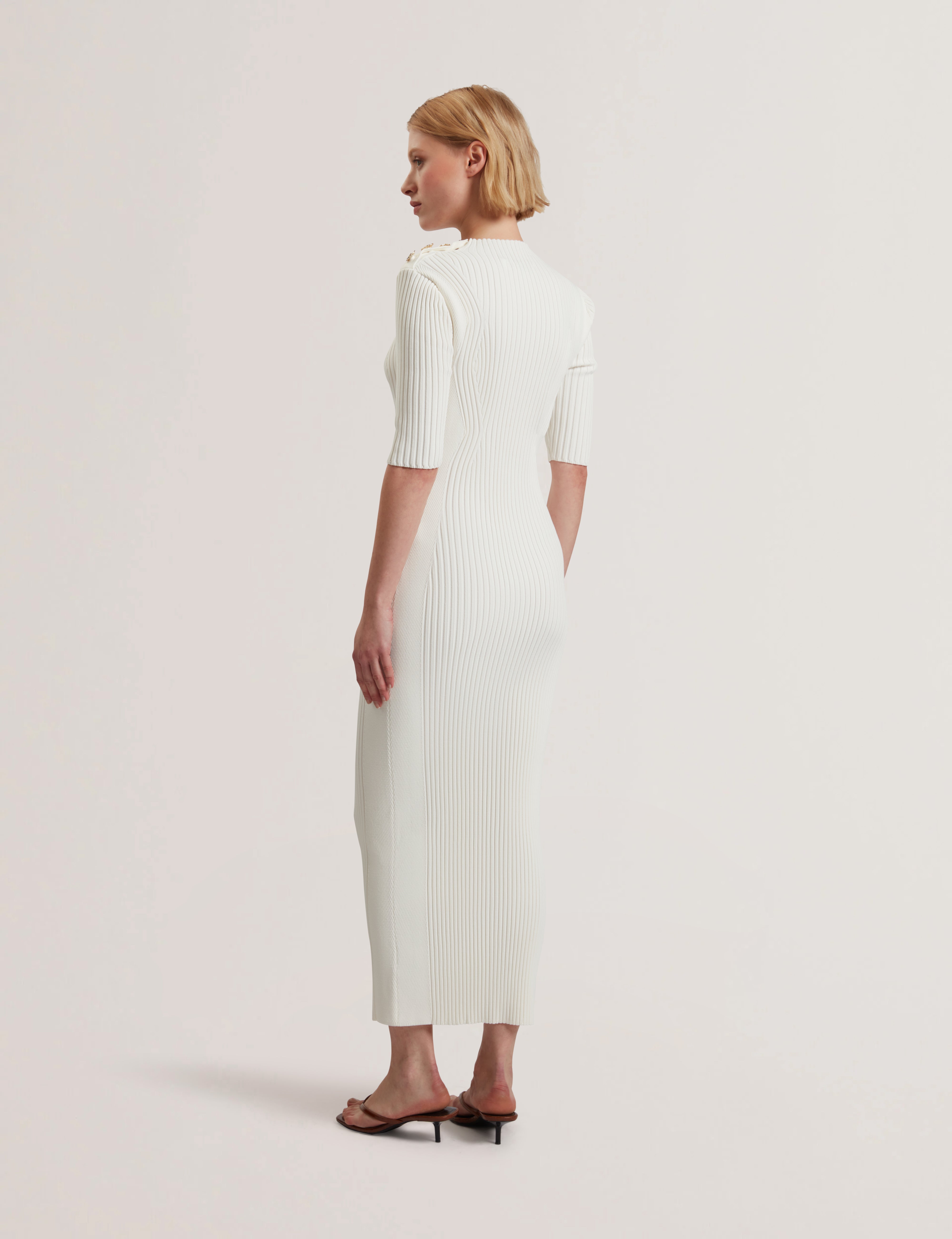 Candiic Ribbed Knit Button Detail Column Dress Ivory