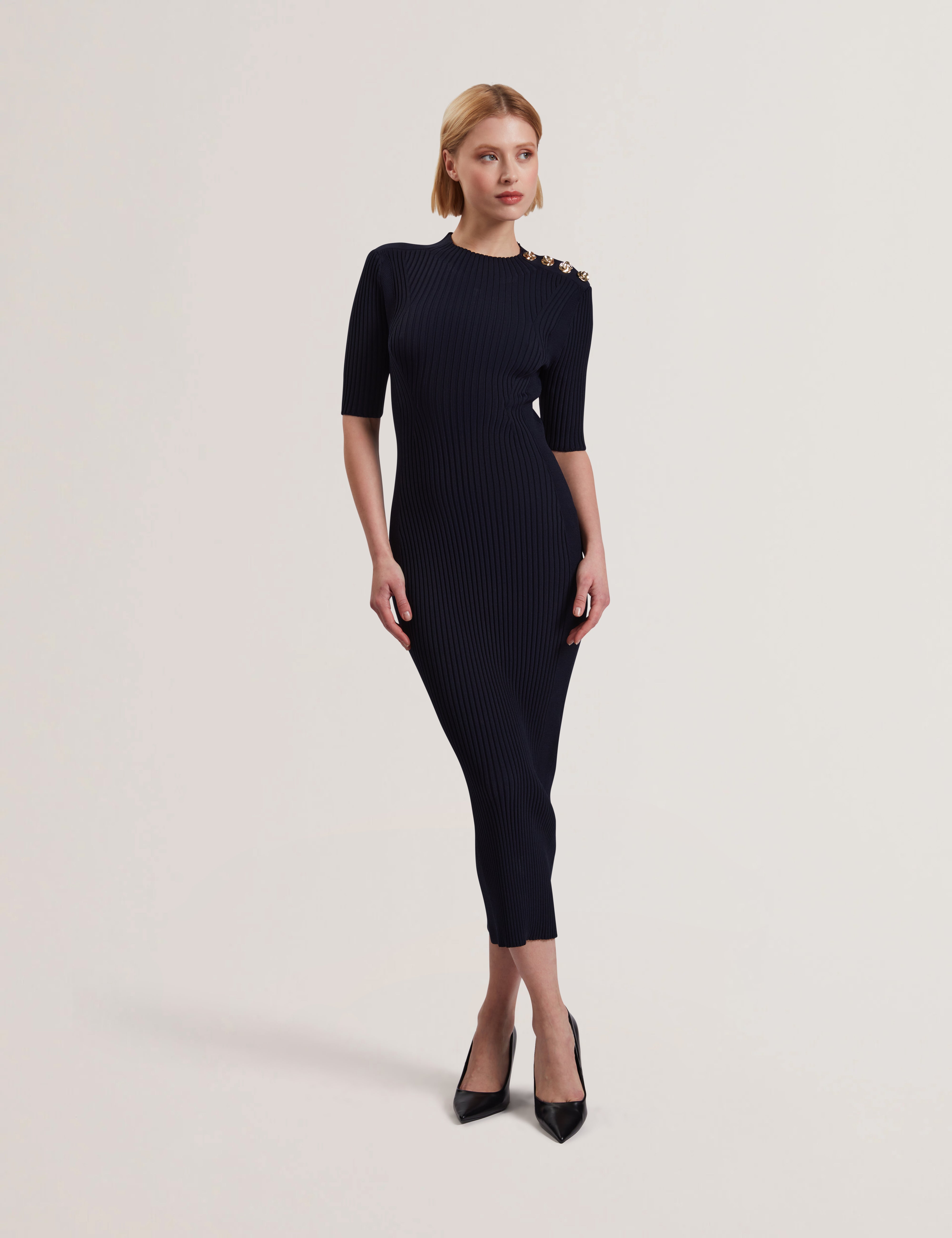 Candiic Ribbed Knit Button Detail Column Dress Navy