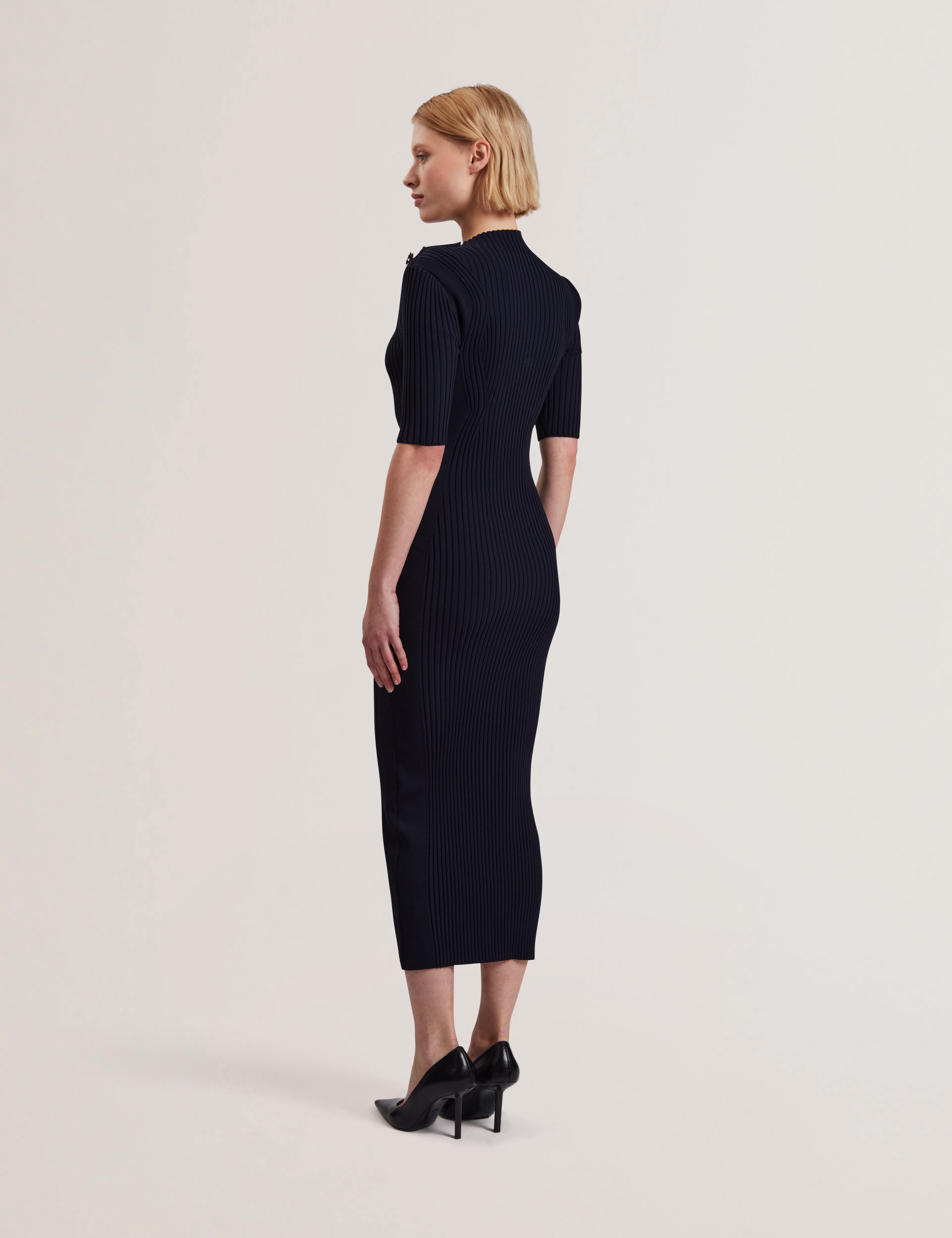 Candiic Ribbed Knit Button Detail Column Dress Navy