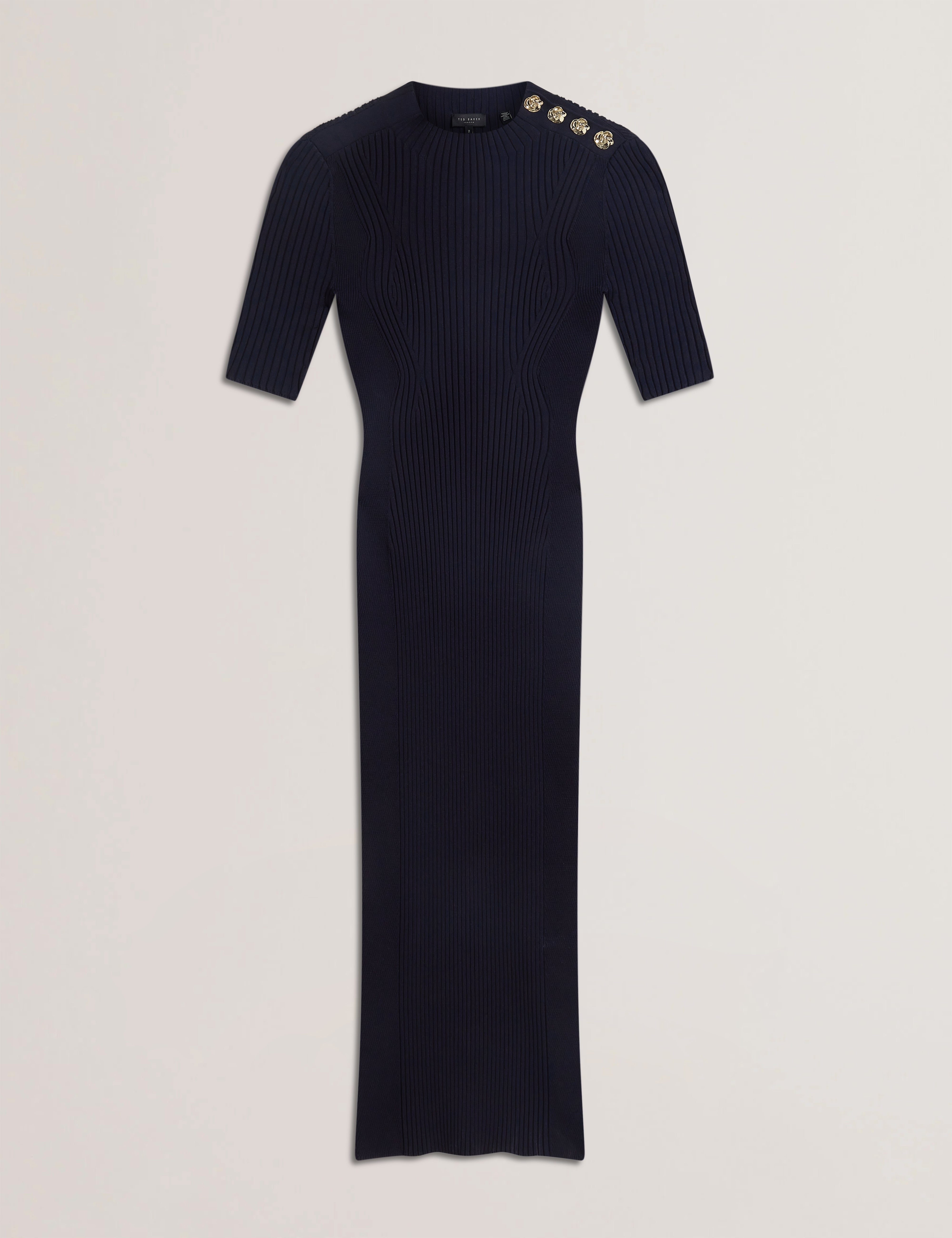 Candiic Ribbed Knit Button Detail Column Dress Navy
