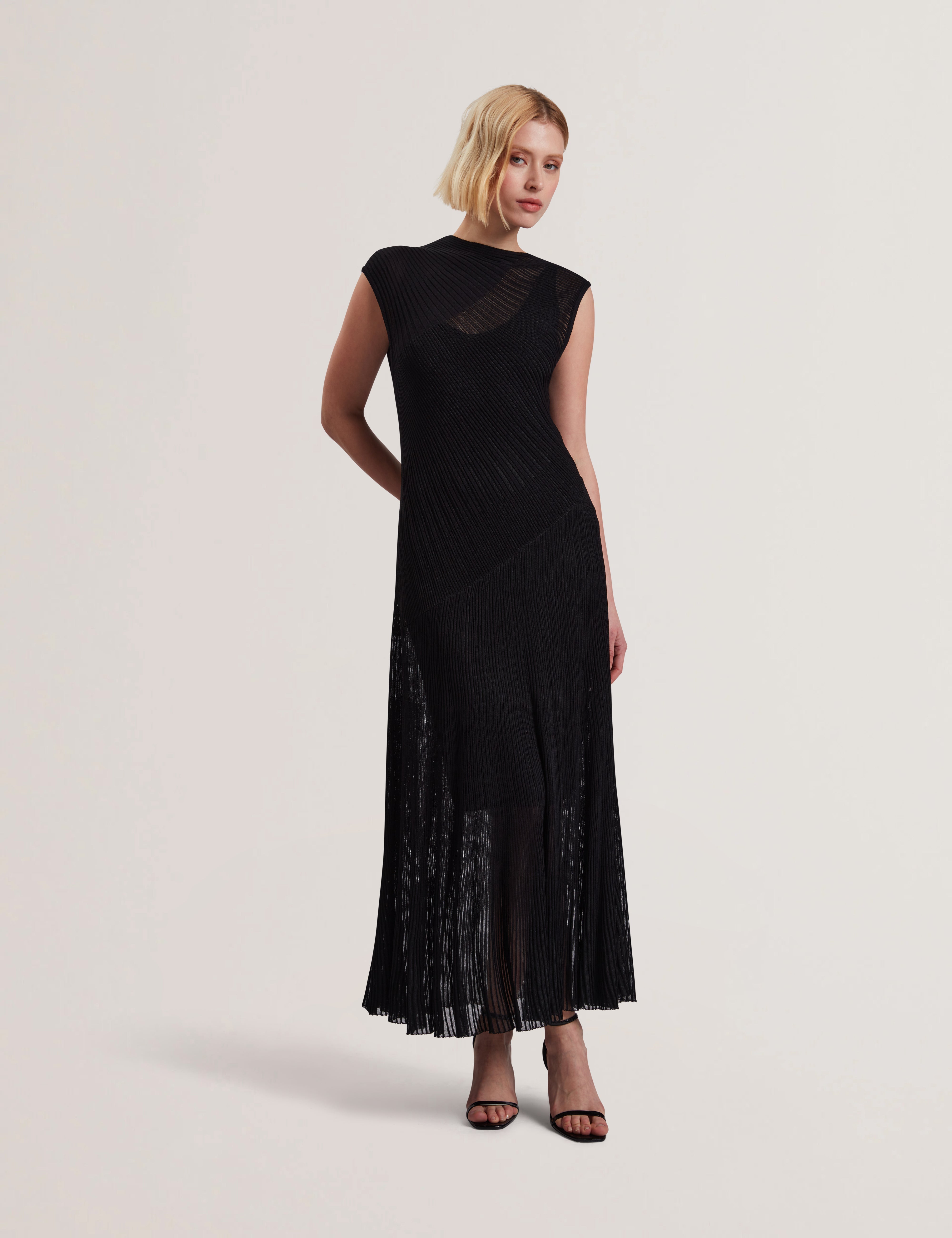 Celyina Engineered Sheer Detail Knitted Midi Dress Black