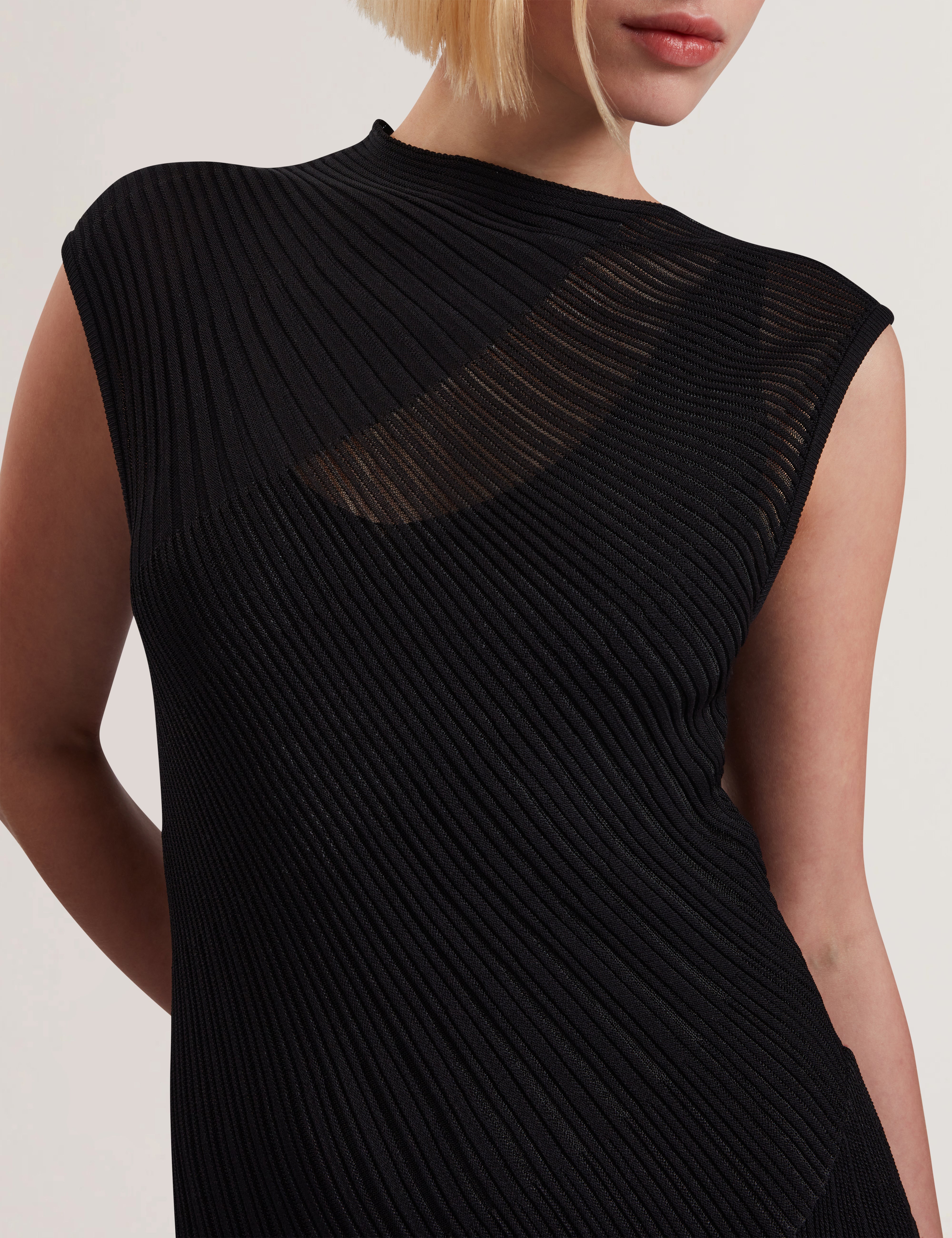 Celyina Engineered Sheer Detail Knitted Midi Dress Black