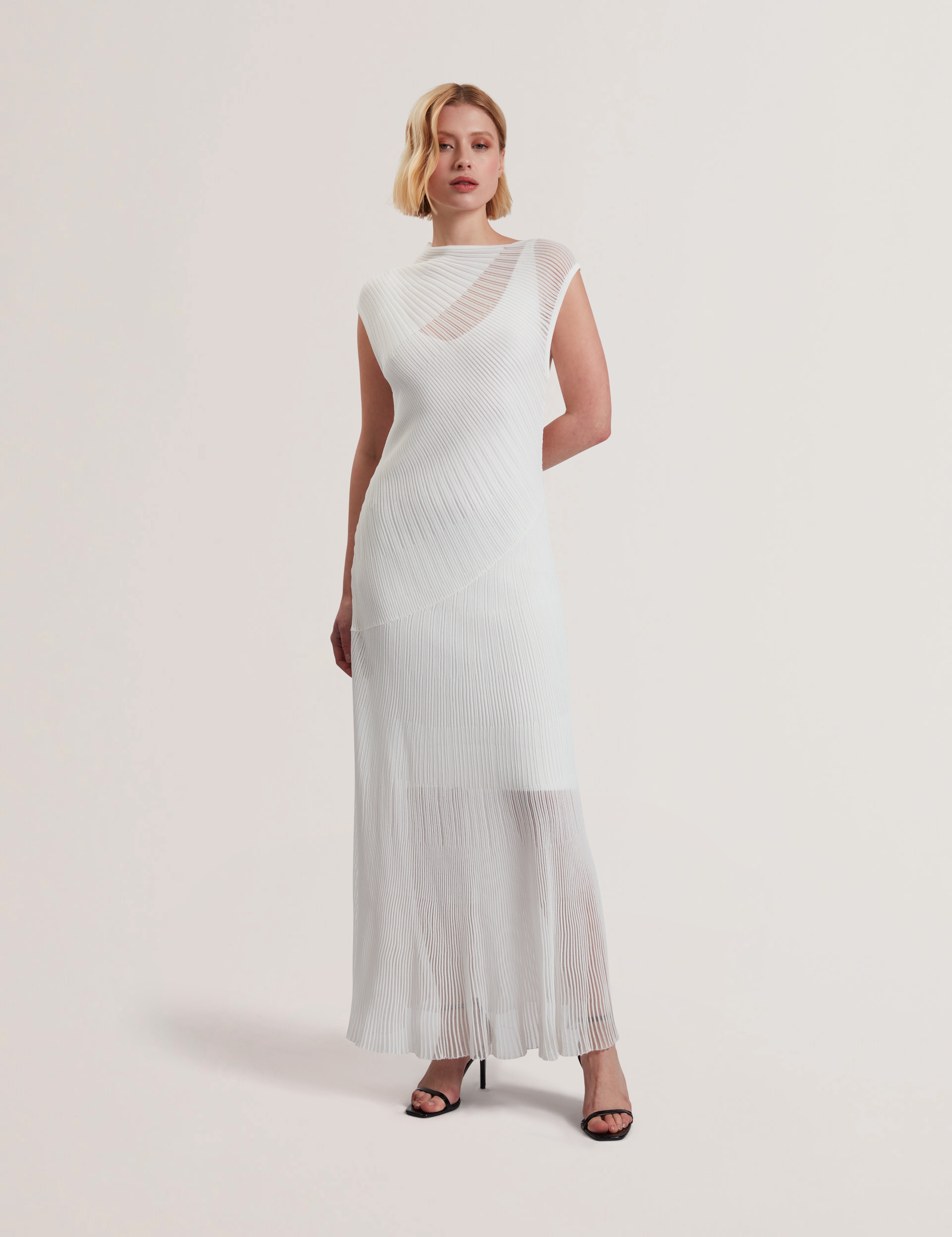 Celyina Engineered Sheer Detail Knitted Midi Dress White